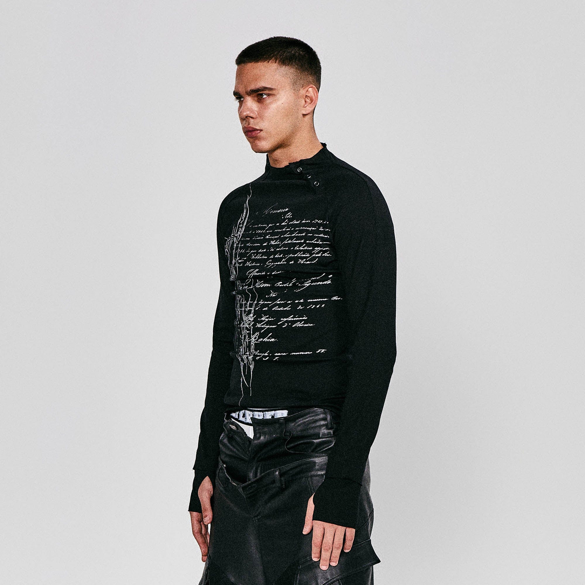 FLYERRER Gothic Script Graphic Asymmetrical Button Long-Sleeve Tee-L/S Tee-S-Free Shipping Leatheretro