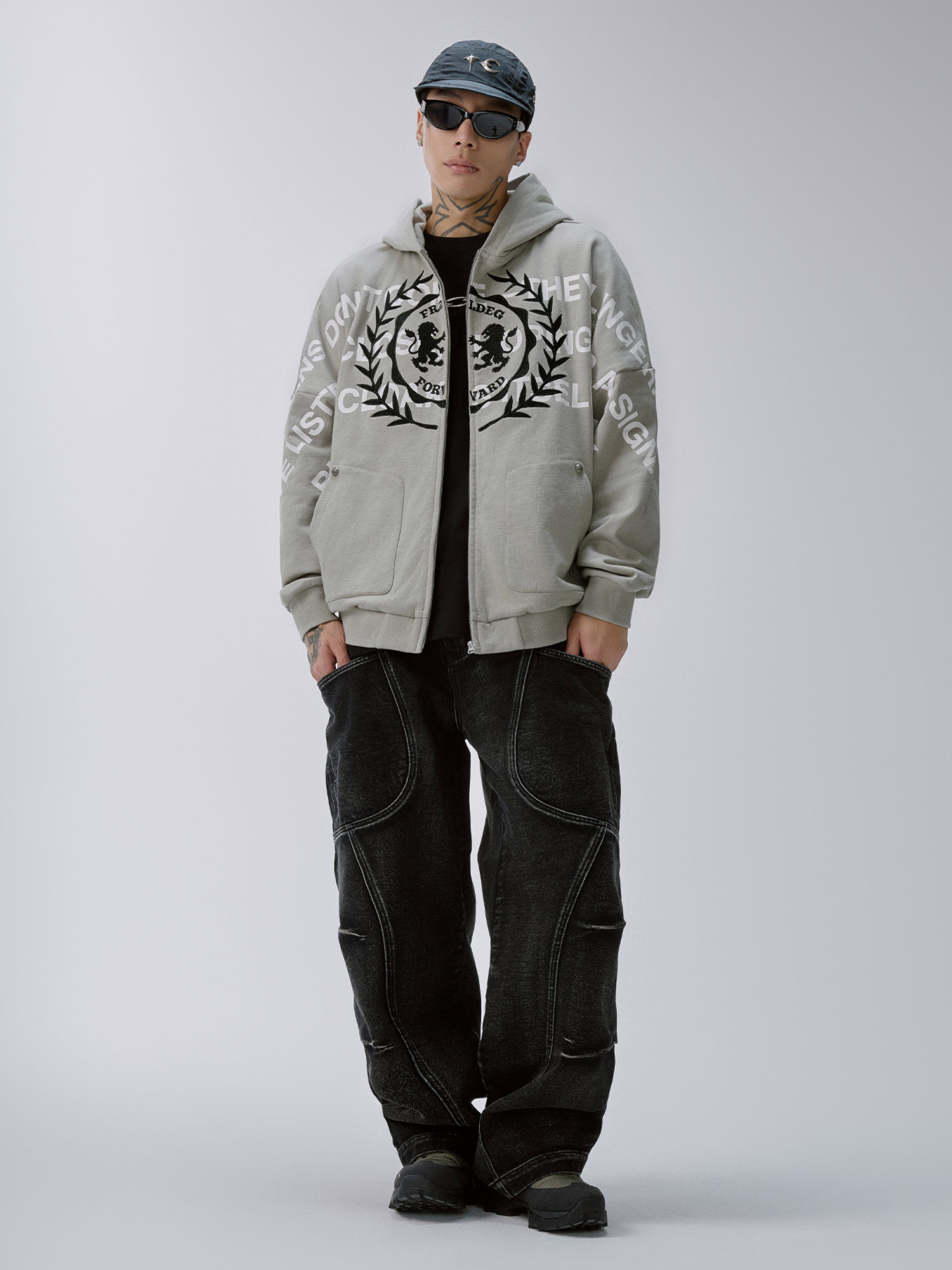 F2CE Embroidery Slogan Graphic Zip-Up Hoodie-Sweatshirt-S-Free Shipping Leatheretro