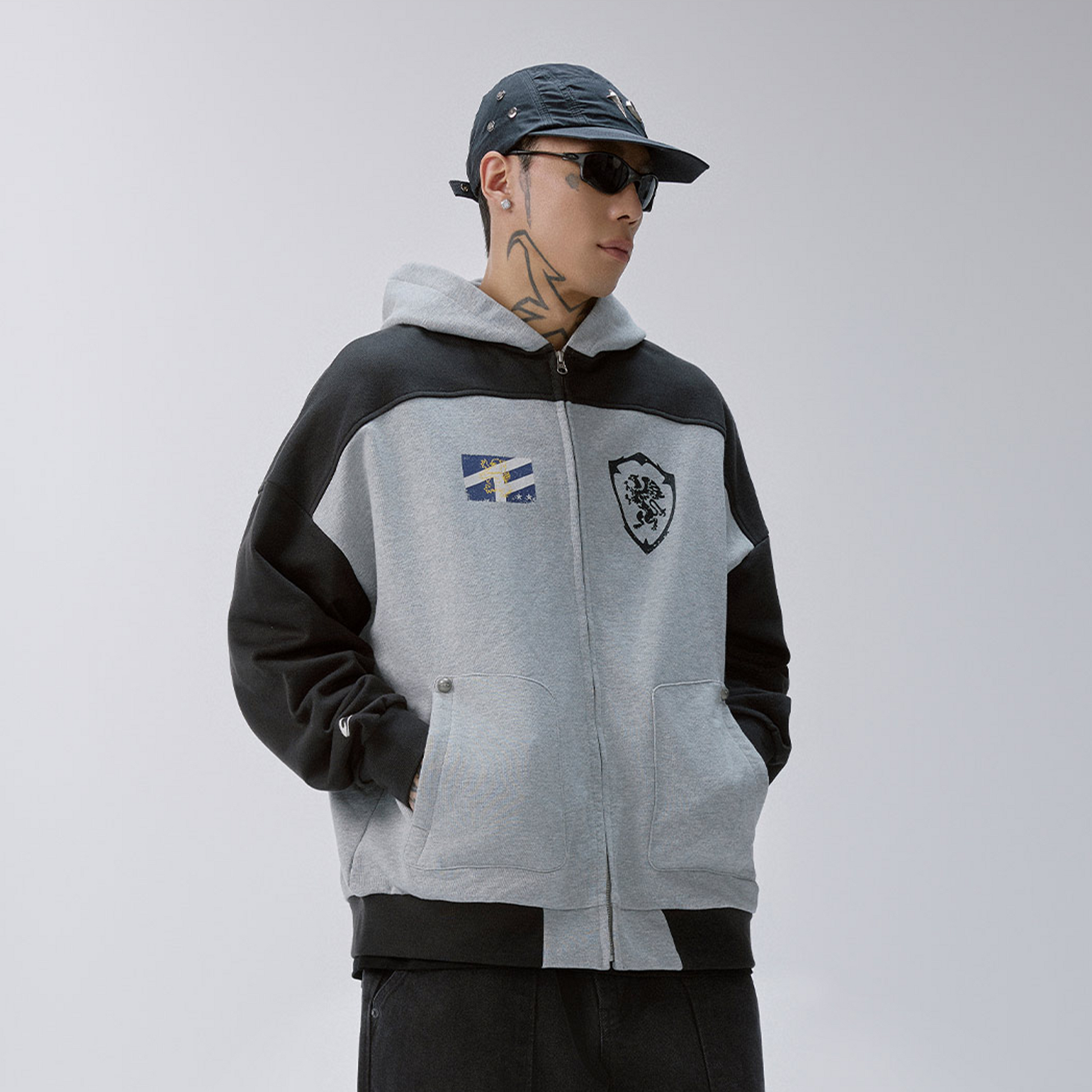 F2CE Contrast Panel Badge Graphic Hooded Jacket-Jacket-S-Free Shipping Leatheretro