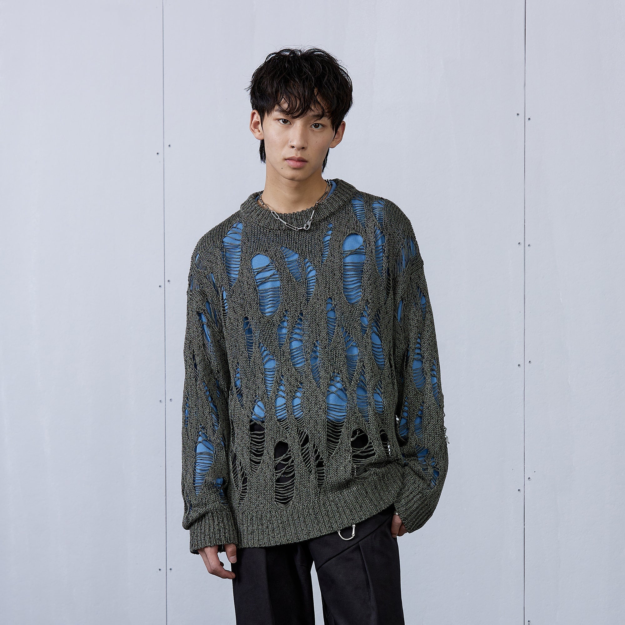 ROARINGWILD A ARCH Distressed Hollowed-Knit Sweater-Sweater-XS-Green-Free Shipping Leatheretro