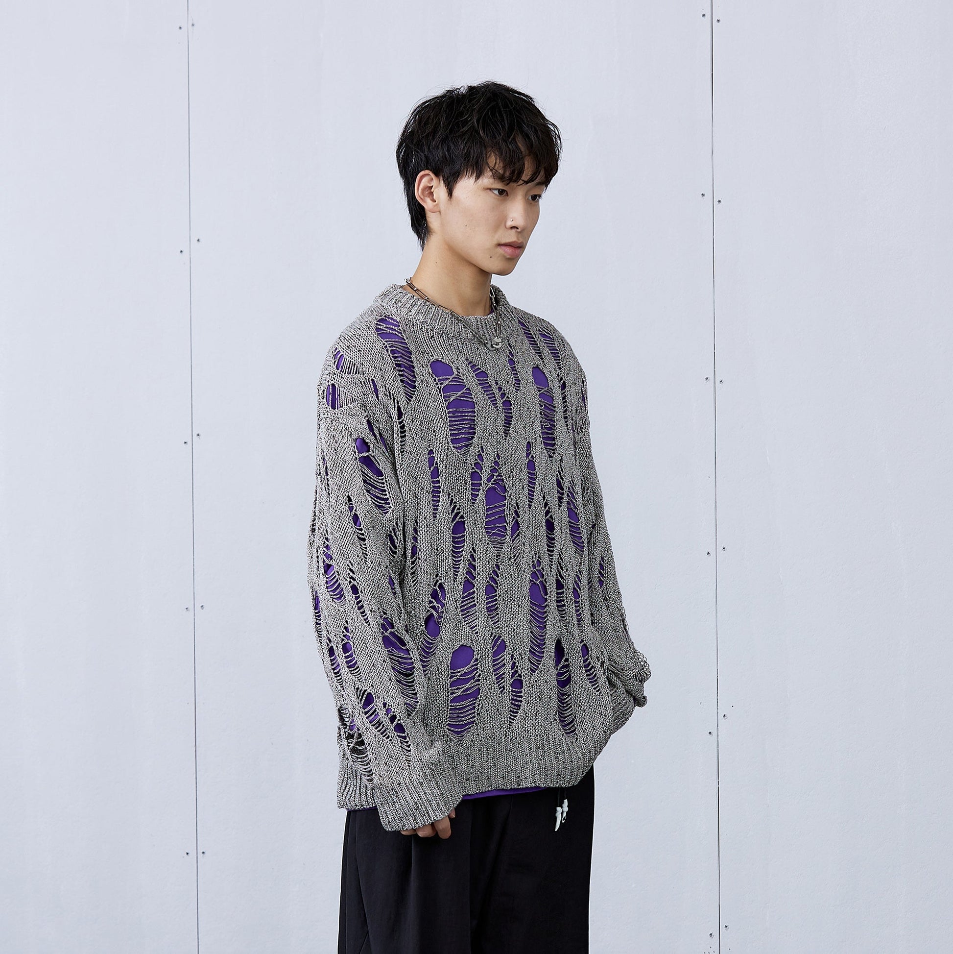 ROARINGWILD A ARCH Distressed Hollowed-Knit Sweater-Sweater-XS-Gray-Free Shipping Leatheretro