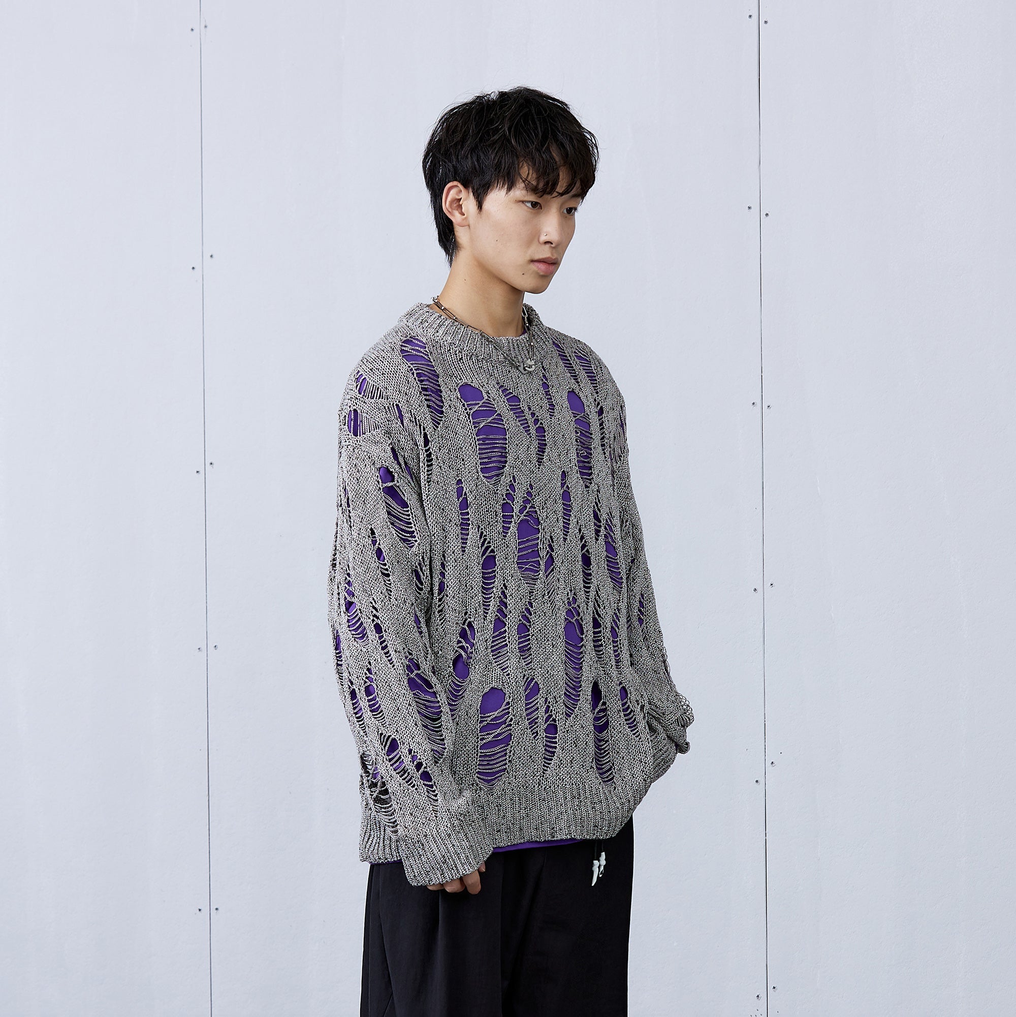 ROARINGWILD A ARCH Distressed Hollowed-Knit Sweater-Sweater-XS-Gray-Free Shipping Leatheretro
