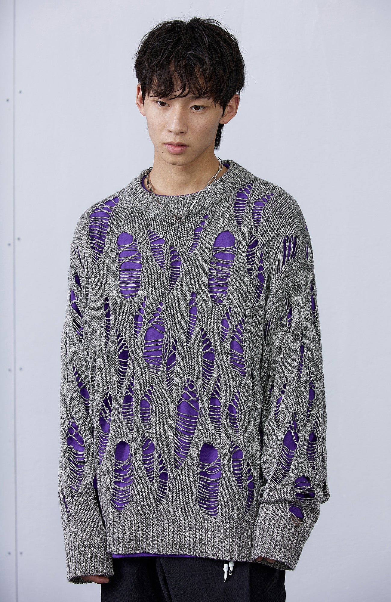ROARINGWILD A ARCH Distressed Hollowed-Knit Sweater-Sweater-XS-Gray-Free Shipping Leatheretro