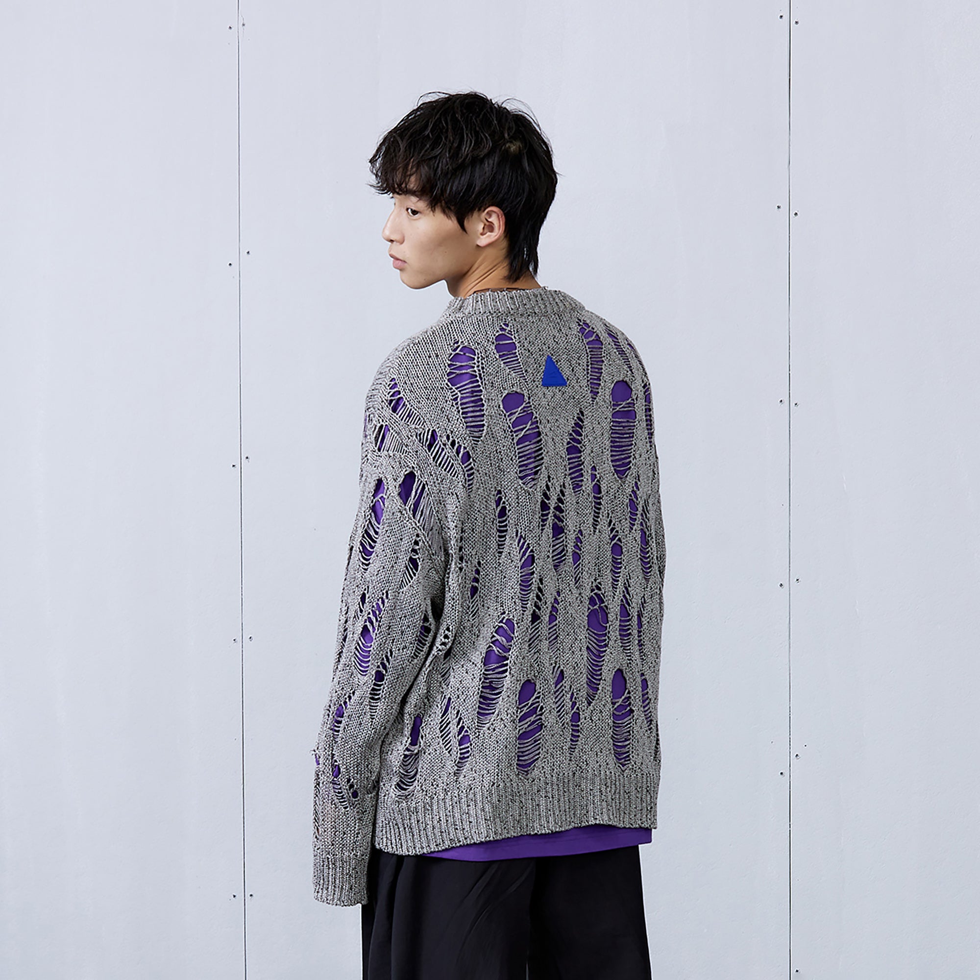 ROARINGWILD A ARCH Distressed Hollowed-Knit Sweater-Sweater-XS-Gray-Free Shipping Leatheretro