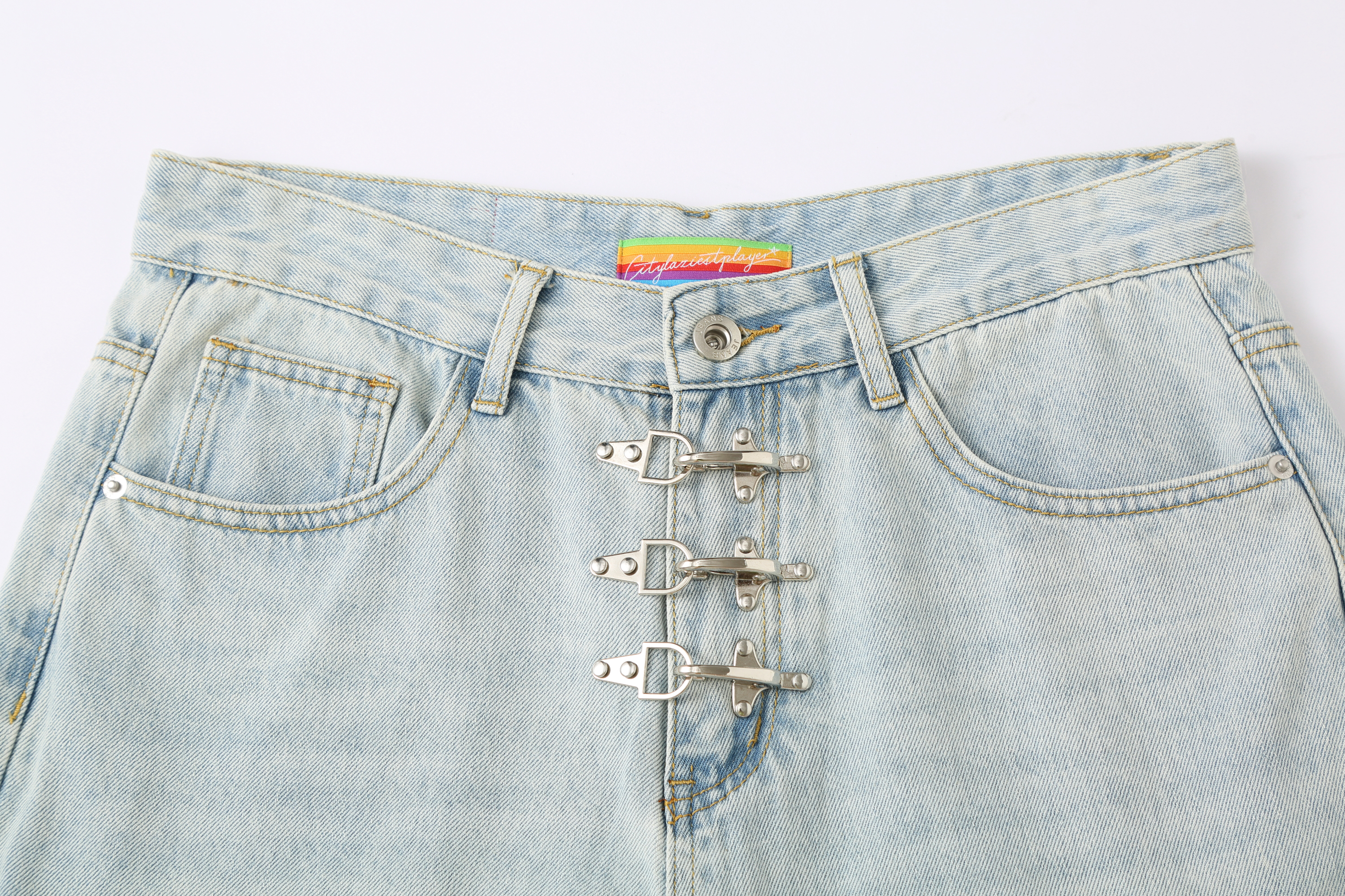 CLP Washed Metal Clasp Denim Shorts-Shorts-S / 28"-Free Shipping Leatheretro