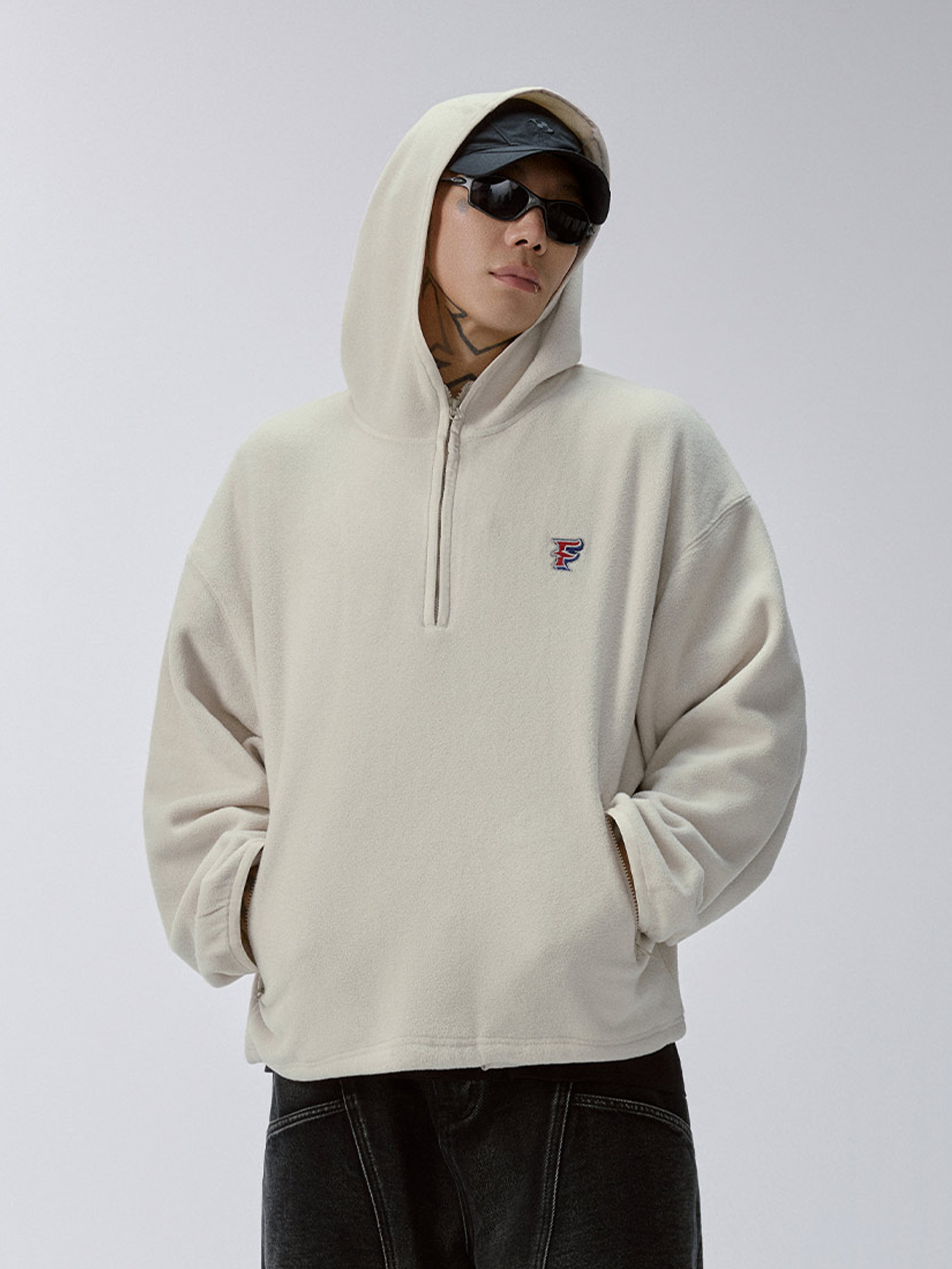 F2CE Embroidered LOGO Patch Half-Zip Fleece Hoodie-Hoodie-S-White-Free Shipping Leatheretro