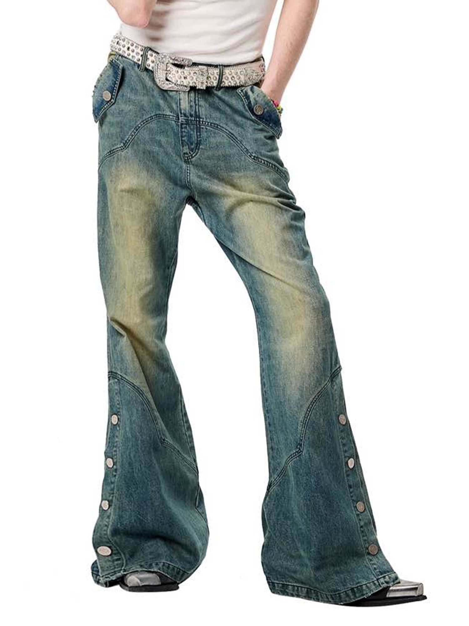 ERISSTOFF Washed Detachable Flared Jeans Blue-Jeans-S / 30"-Free Shipping Leatheretro