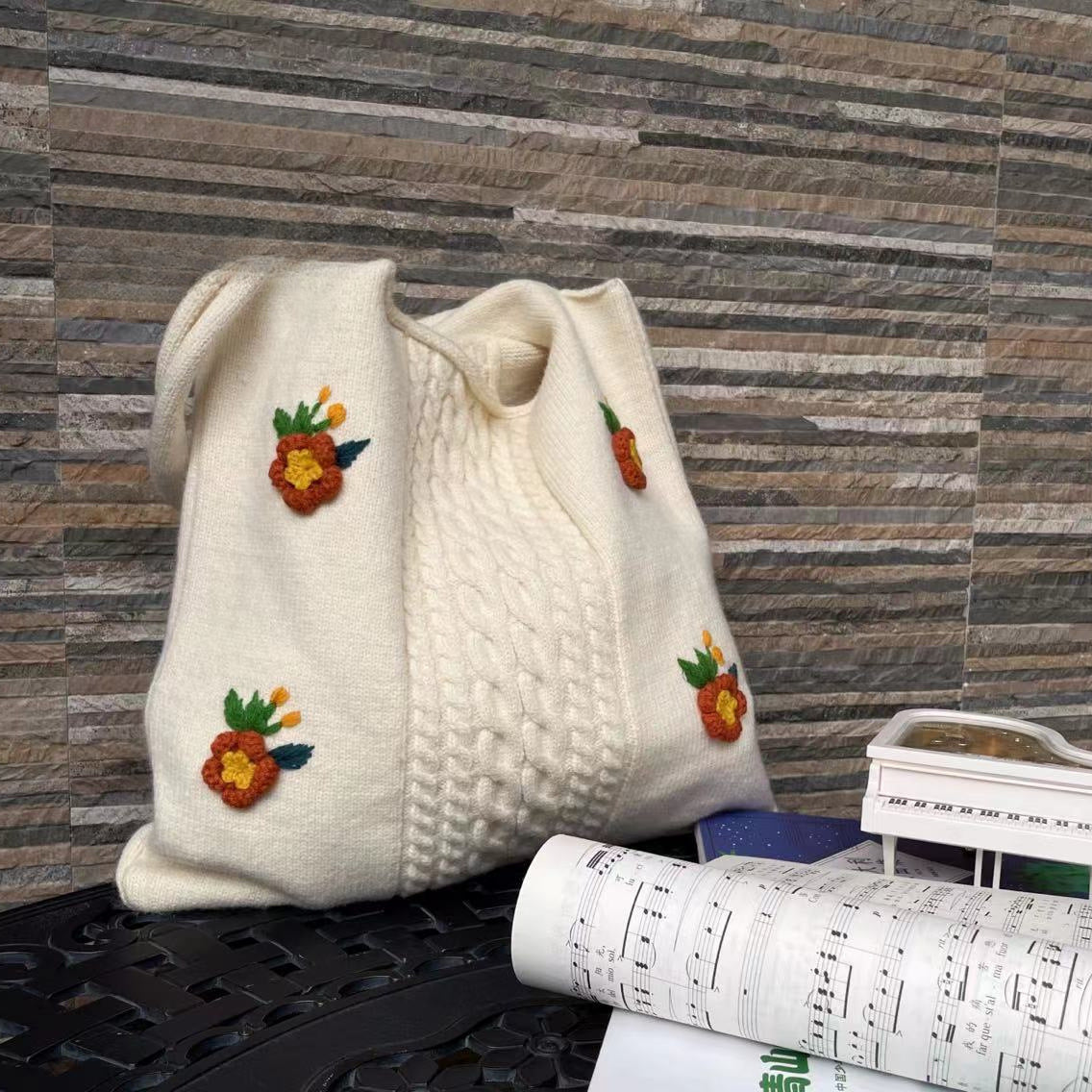 Women Handmade Crochet Knitted Shopping Bags-White-Free Shipping Leatheretro