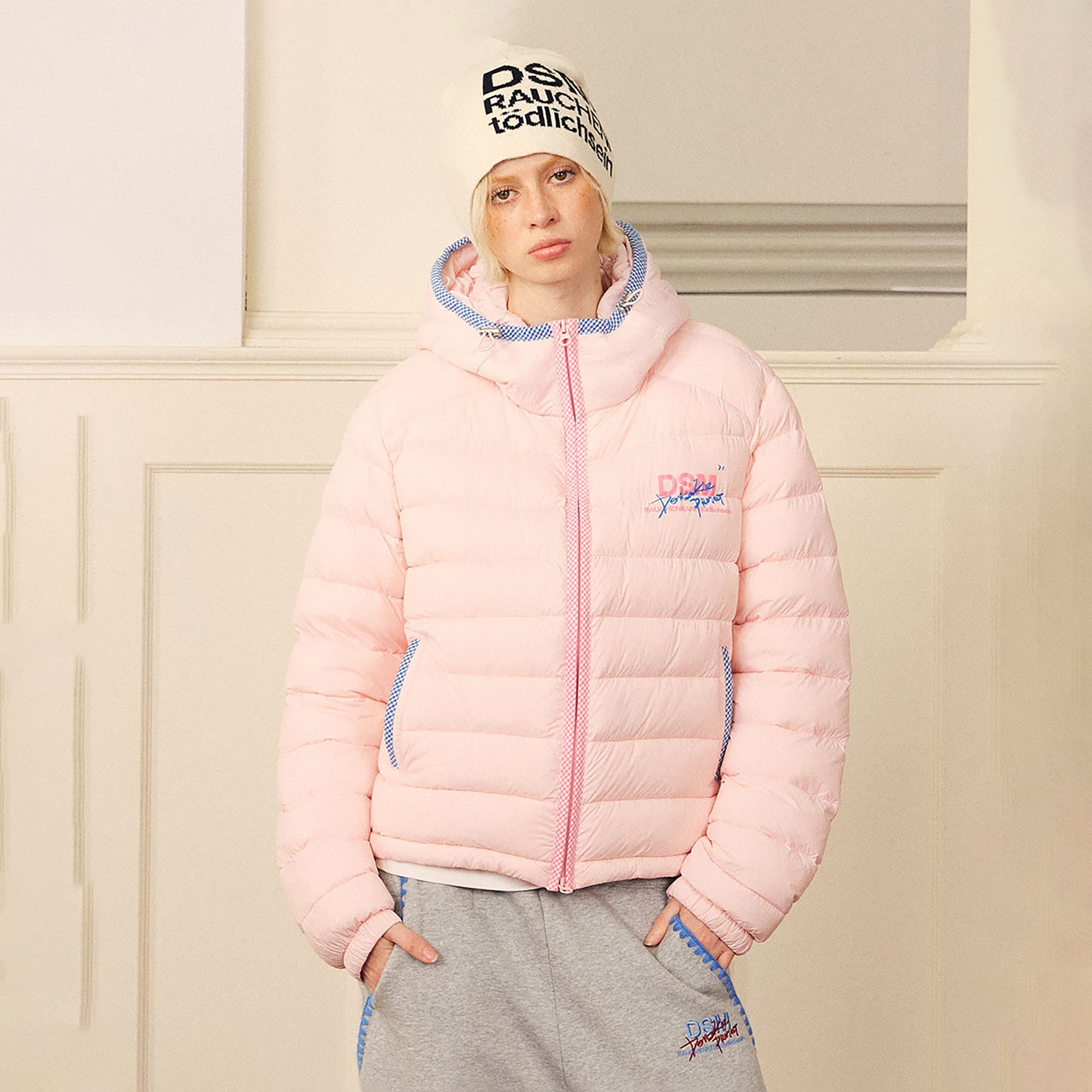 DONSMOKE Plaid Trim Hooded Down Puffer