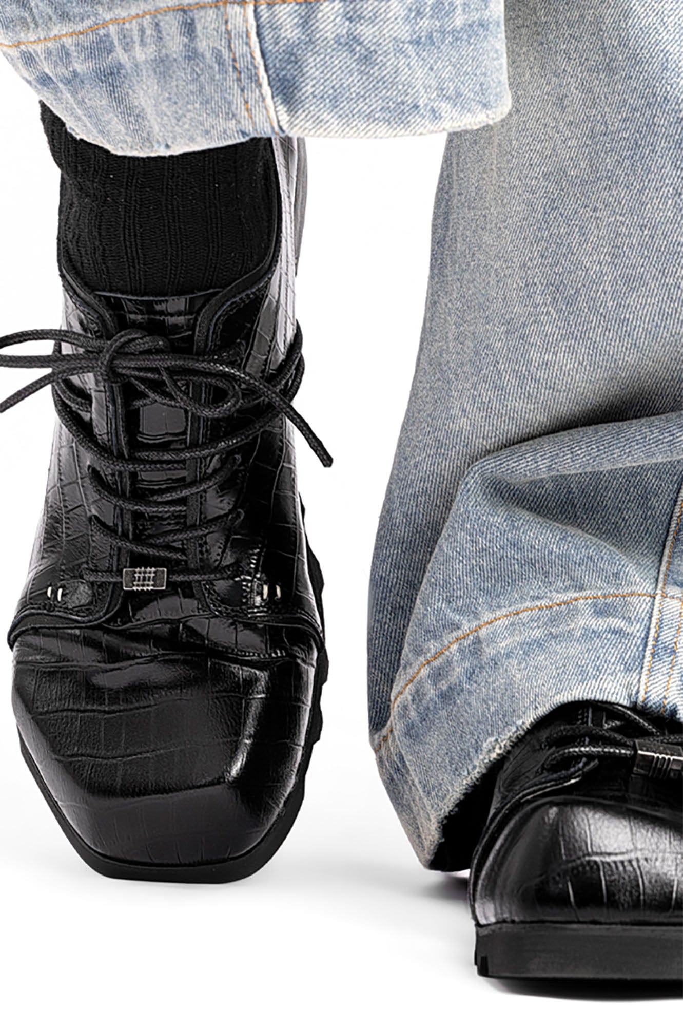 REWRITE Croc-Embossed Square-Toe Derby Shoes-Shoes-38.5-Free Shipping Leatheretro