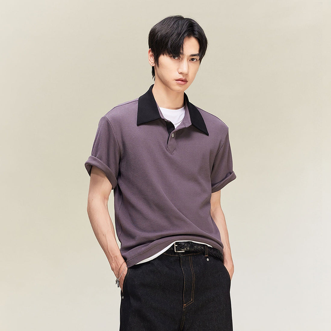 ALVNG AR ANTS Contrast Collar Waffle Knit Polo Shirt-T Shirt-S-Black-Free Shipping Leatheretro