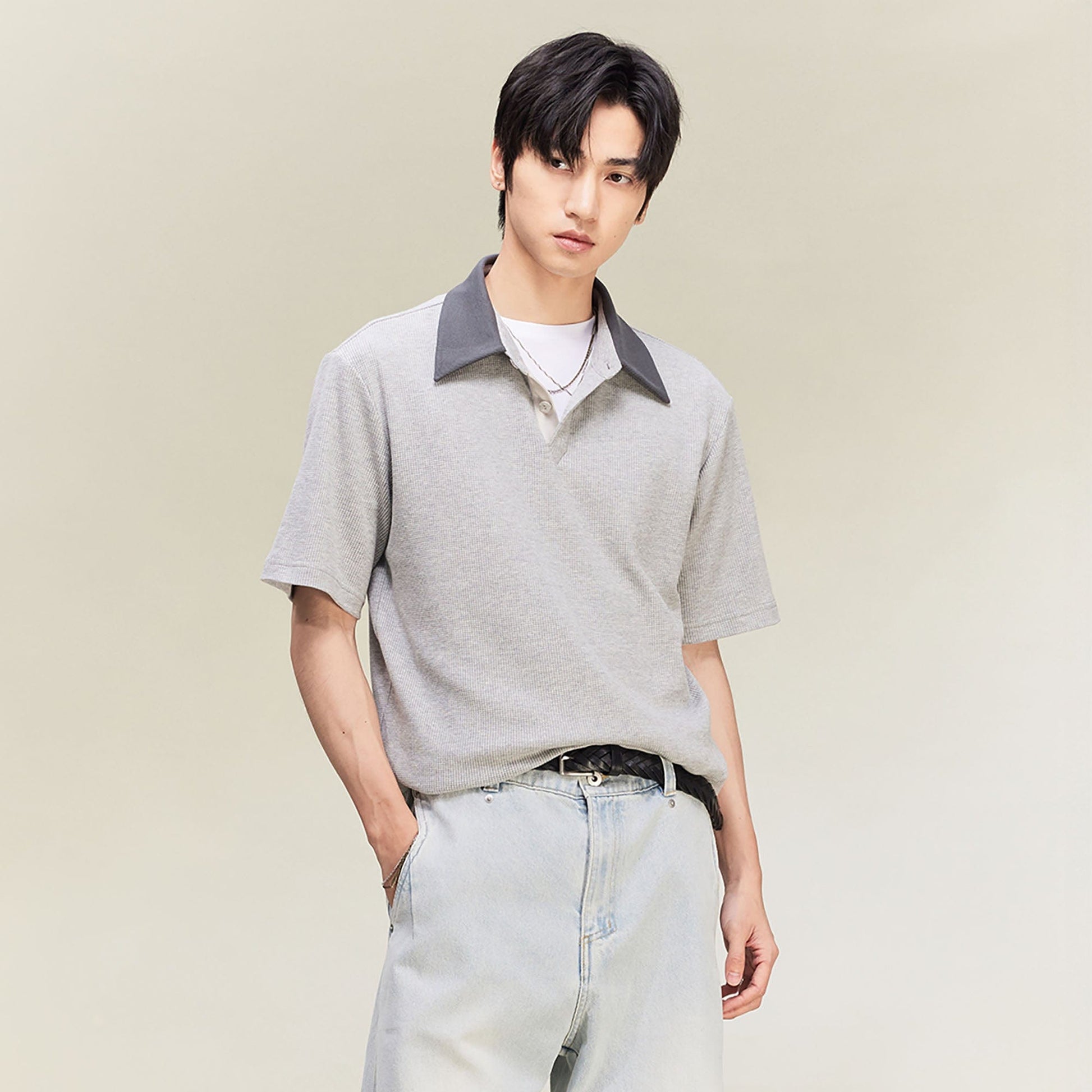 ALVNG AR ANTS Contrast Collar Waffle Knit Polo Shirt-T Shirt-S-Light Gray-Free Shipping Leatheretro