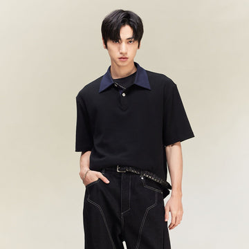 ALVNG AR ANTS Contrast Collar Waffle Knit Polo Shirt-T Shirt-S-Black-Free Shipping Leatheretro