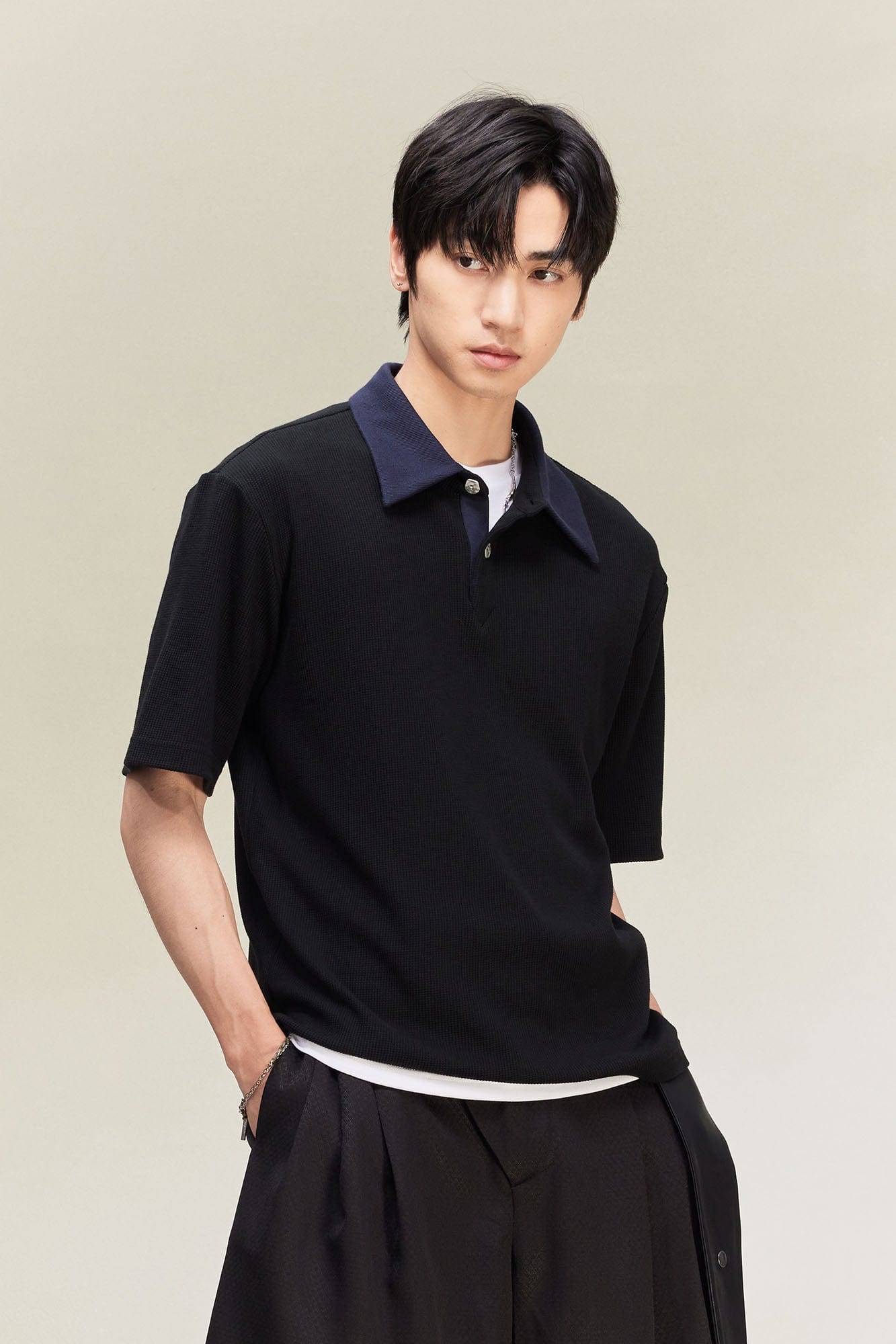 ALVNG AR ANTS Contrast Collar Waffle Knit Polo Shirt-T Shirt-S-Black-Free Shipping Leatheretro