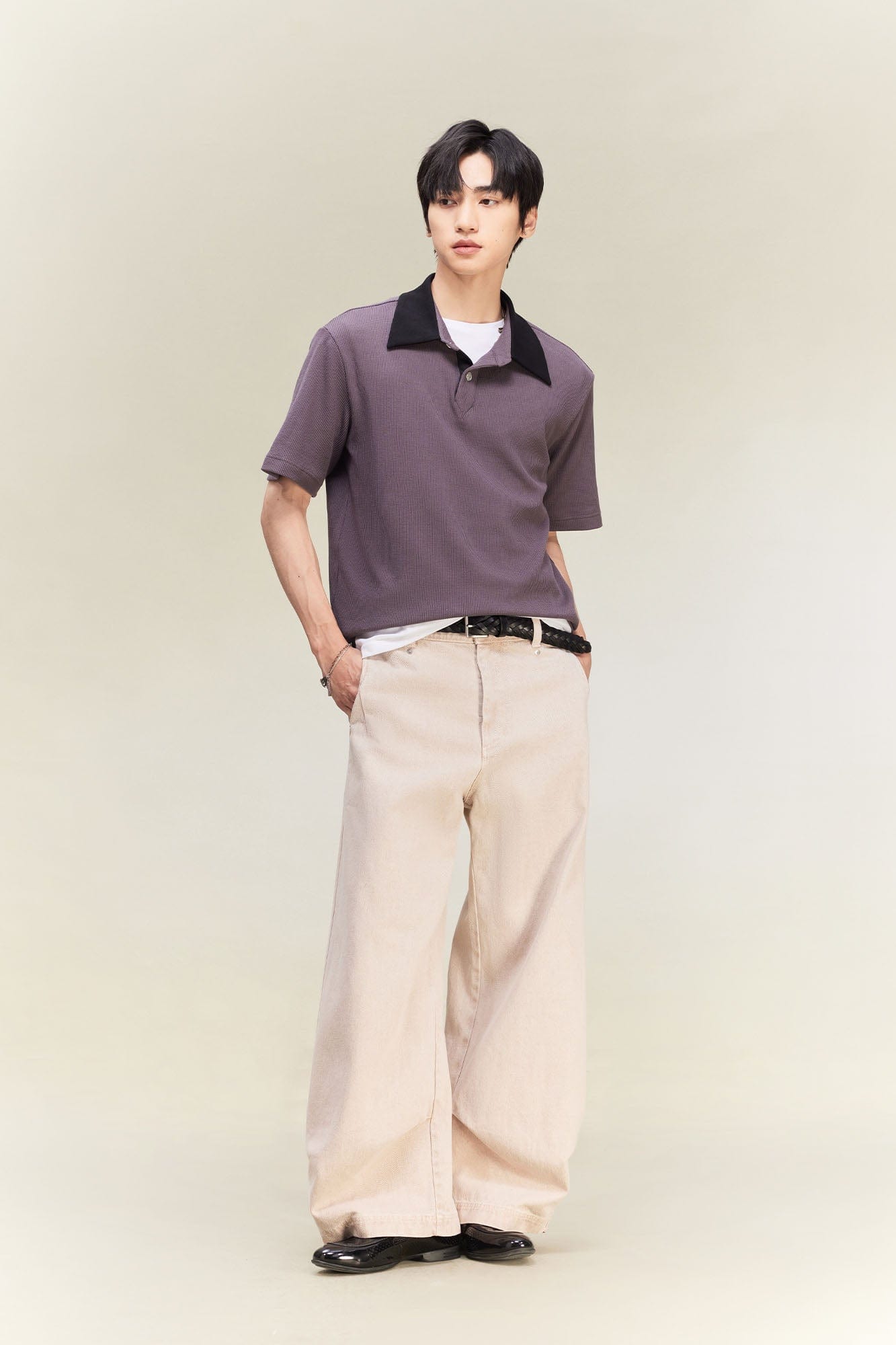 ALVNG AR ANTS Contrast Collar Waffle Knit Polo Shirt-T Shirt-S-Black-Free Shipping Leatheretro