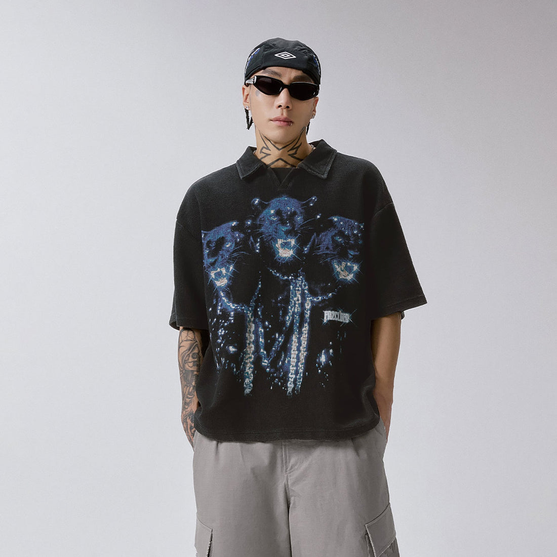 F2CE Distressed Waffle-Knit Graphic Polo-T Shirt-S-Free Shipping Leatheretro