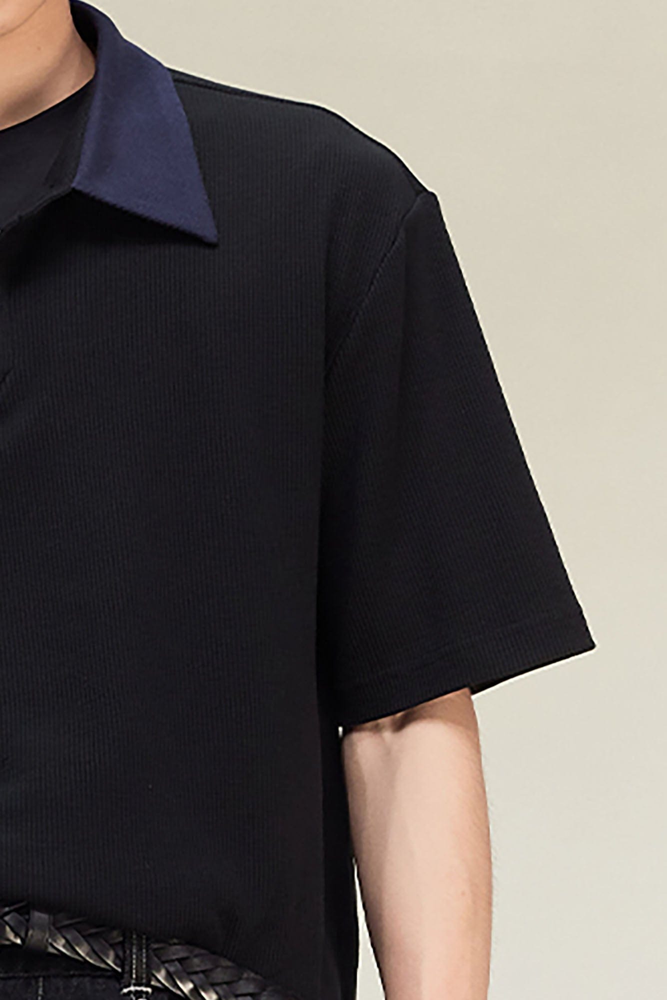 ALVNG AR ANTS Contrast Collar Waffle Knit Polo Shirt-T Shirt-S-Black-Free Shipping Leatheretro