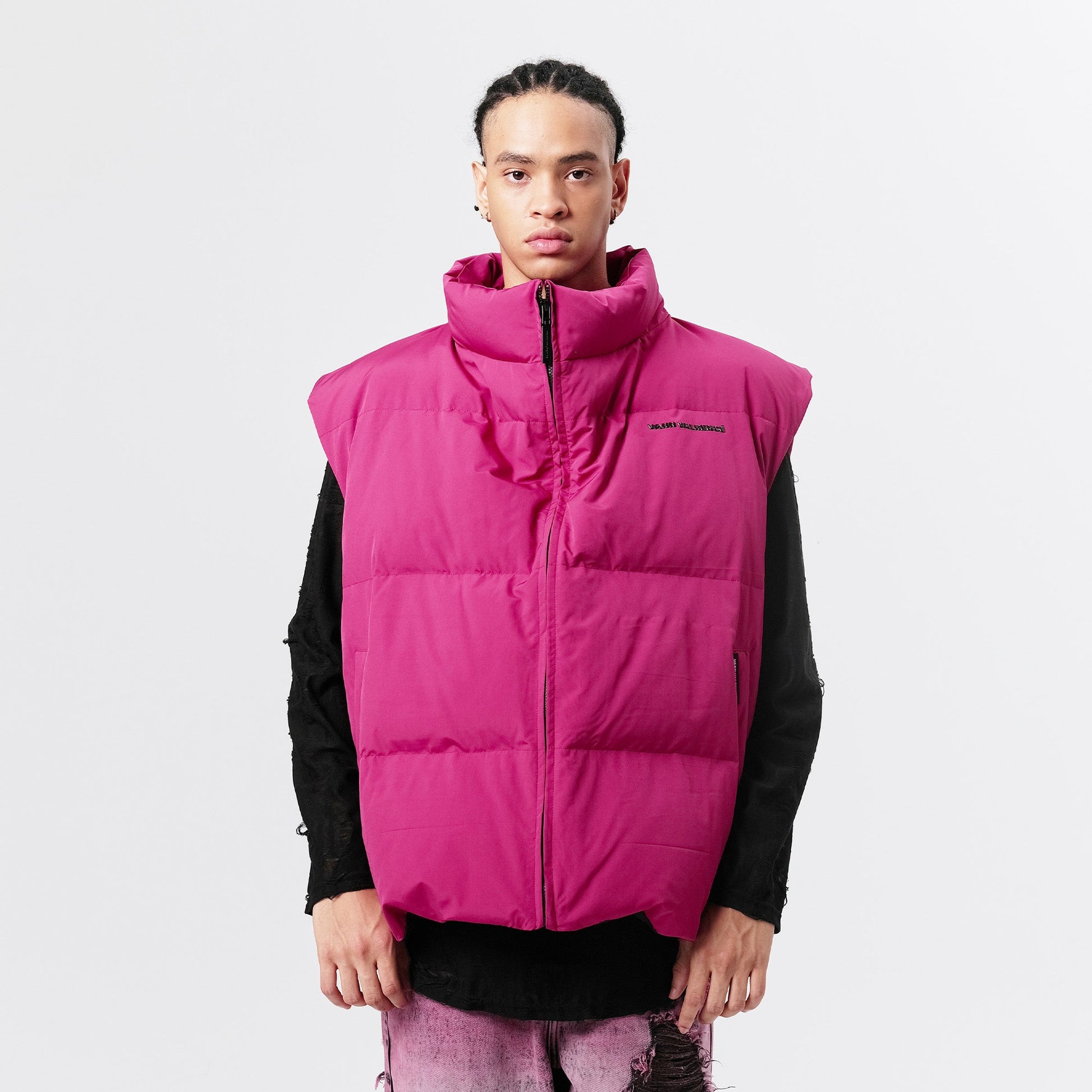 VANN VALRENCE High-Neck Oversized Down Vest Hot Pink-Vest-S-Free Shipping Leatheretro