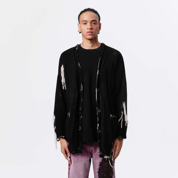 VANN VALRENCE Distressed Frayed Spray V-Neck Cardigan-Sweater-S-Free Shipping Leatheretro