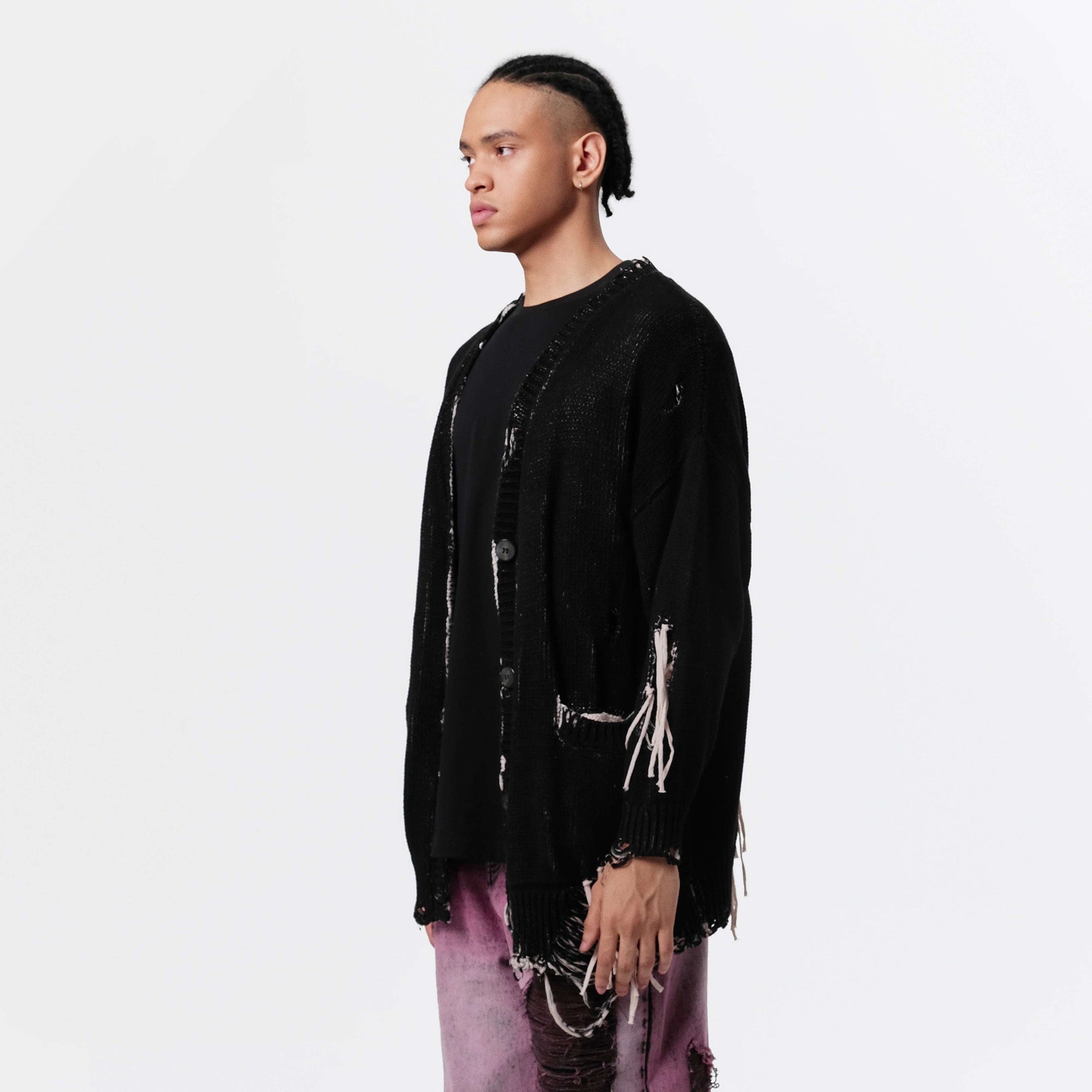 VANN VALRENCE Distressed Frayed Spray V-Neck Cardigan-Sweater-S-Free Shipping Leatheretro