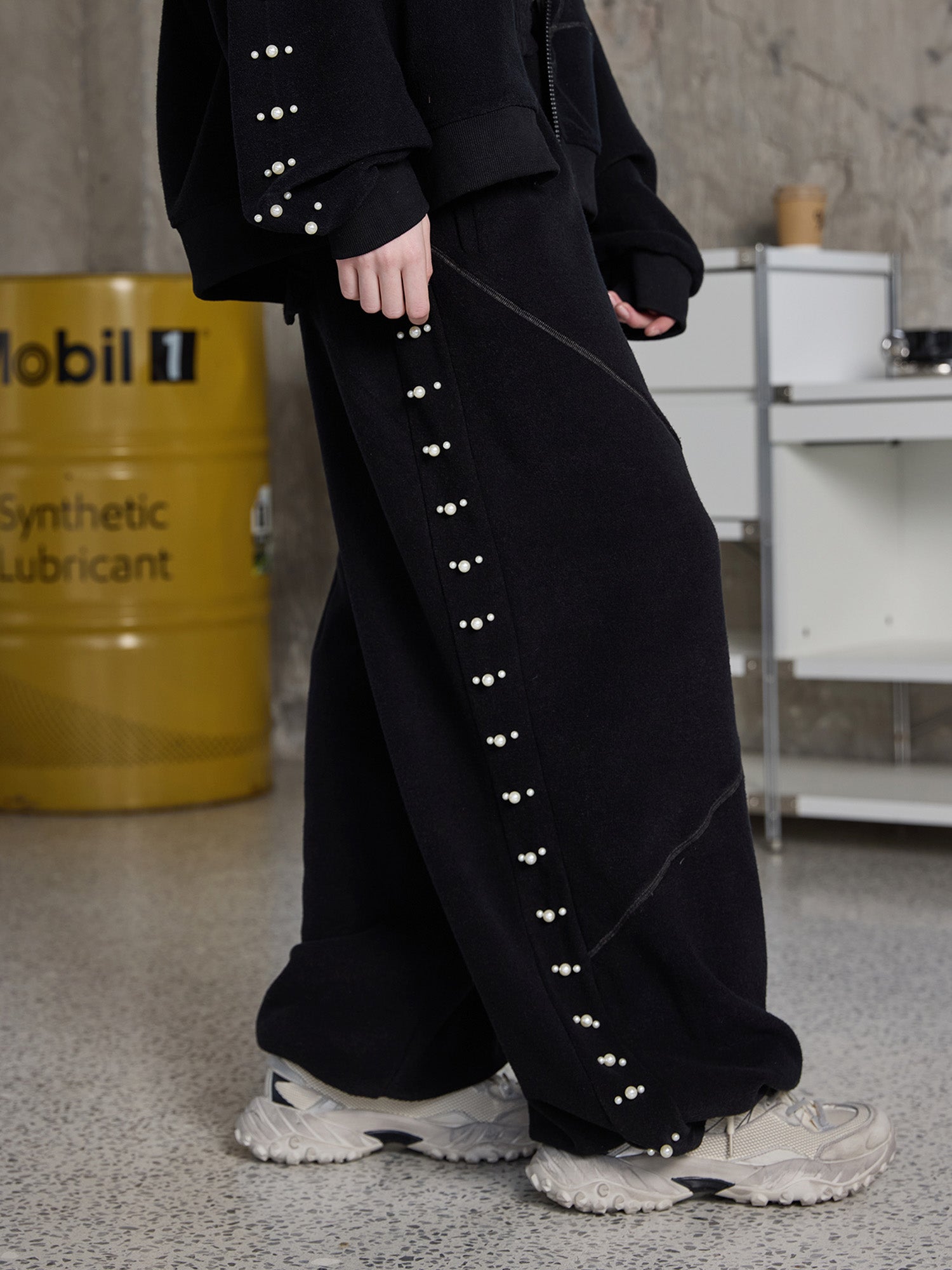 ERROR CODE ROBOT Pearl-Studded Diamond-Seam Pants-Pants-S-Free Shipping Leatheretro