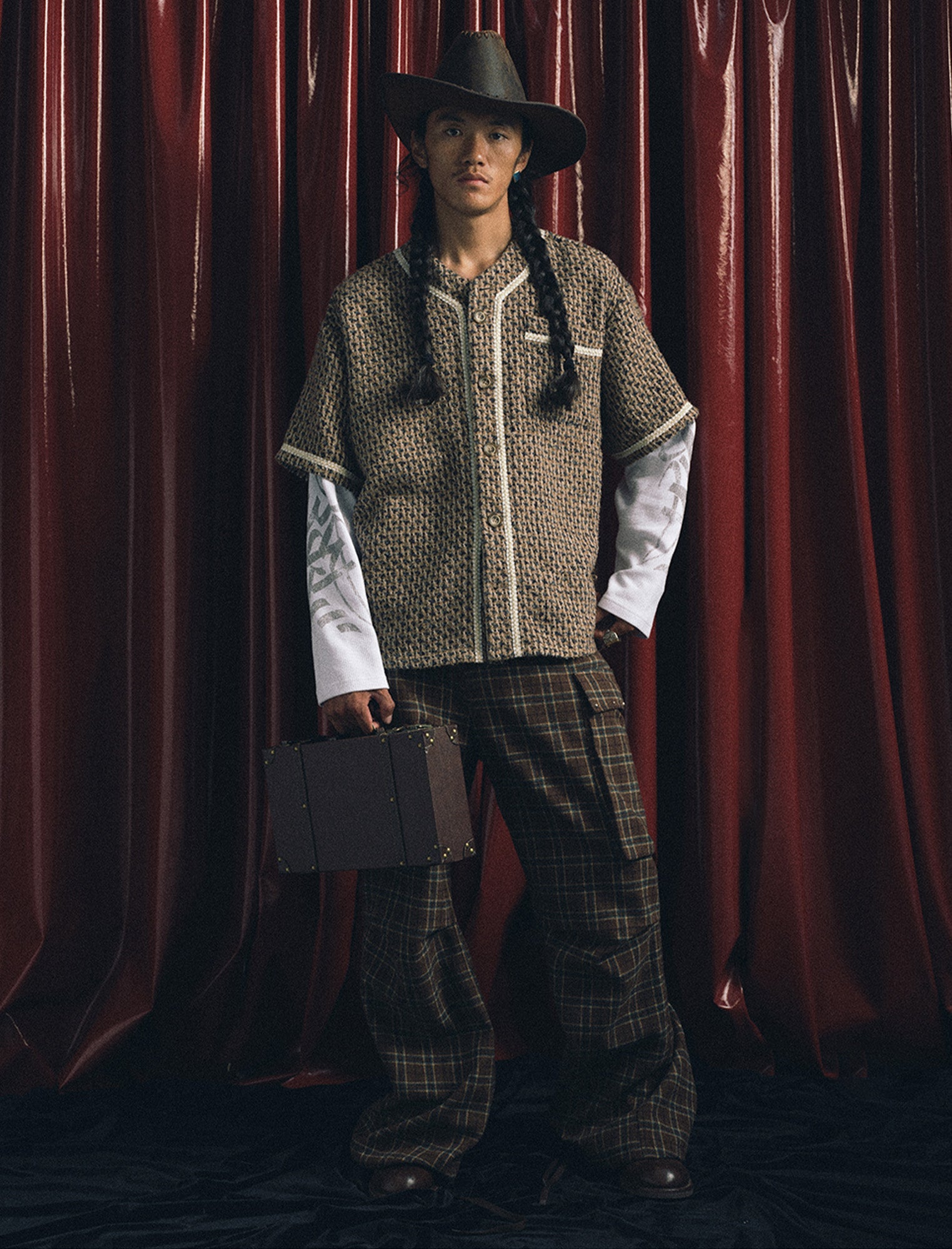 TRECLUB Tweed Layered Baseball Shirt-Shirt-S-Free Shipping Leatheretro