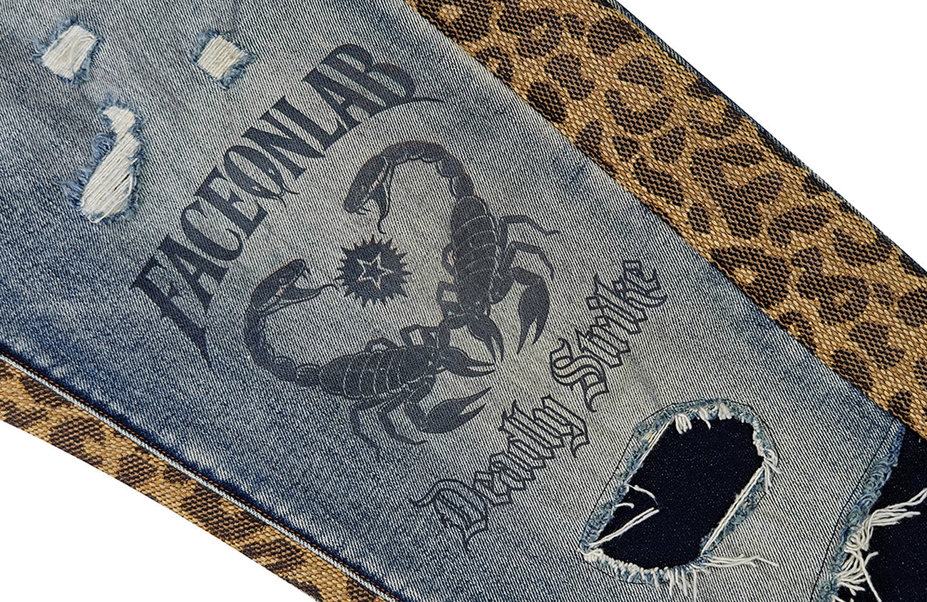 FACEONLAB Leopard Panel Distressed Straight-Leg Jeans-Jeans-M (preorder)-Free Shipping Leatheretro