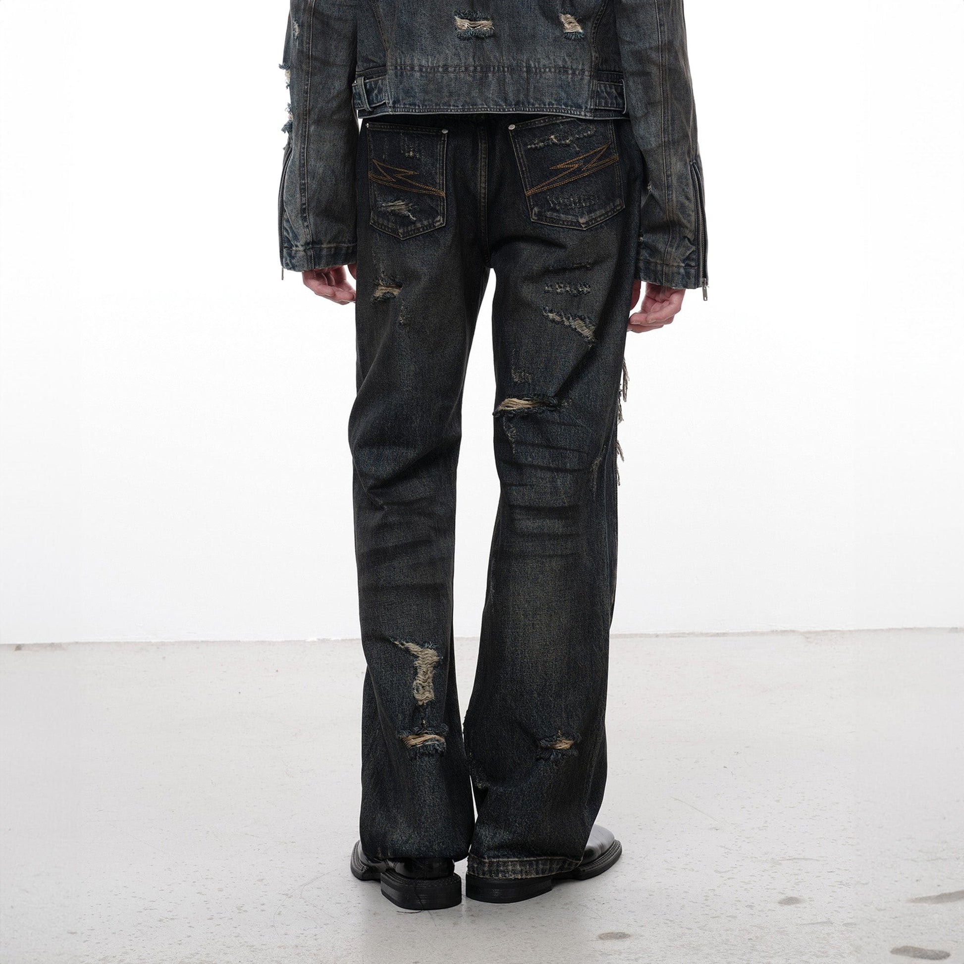 FACEONLAB Distressed Heavy Ripped Flared Jeans-Jeans-M-Free Shipping Leatheretro