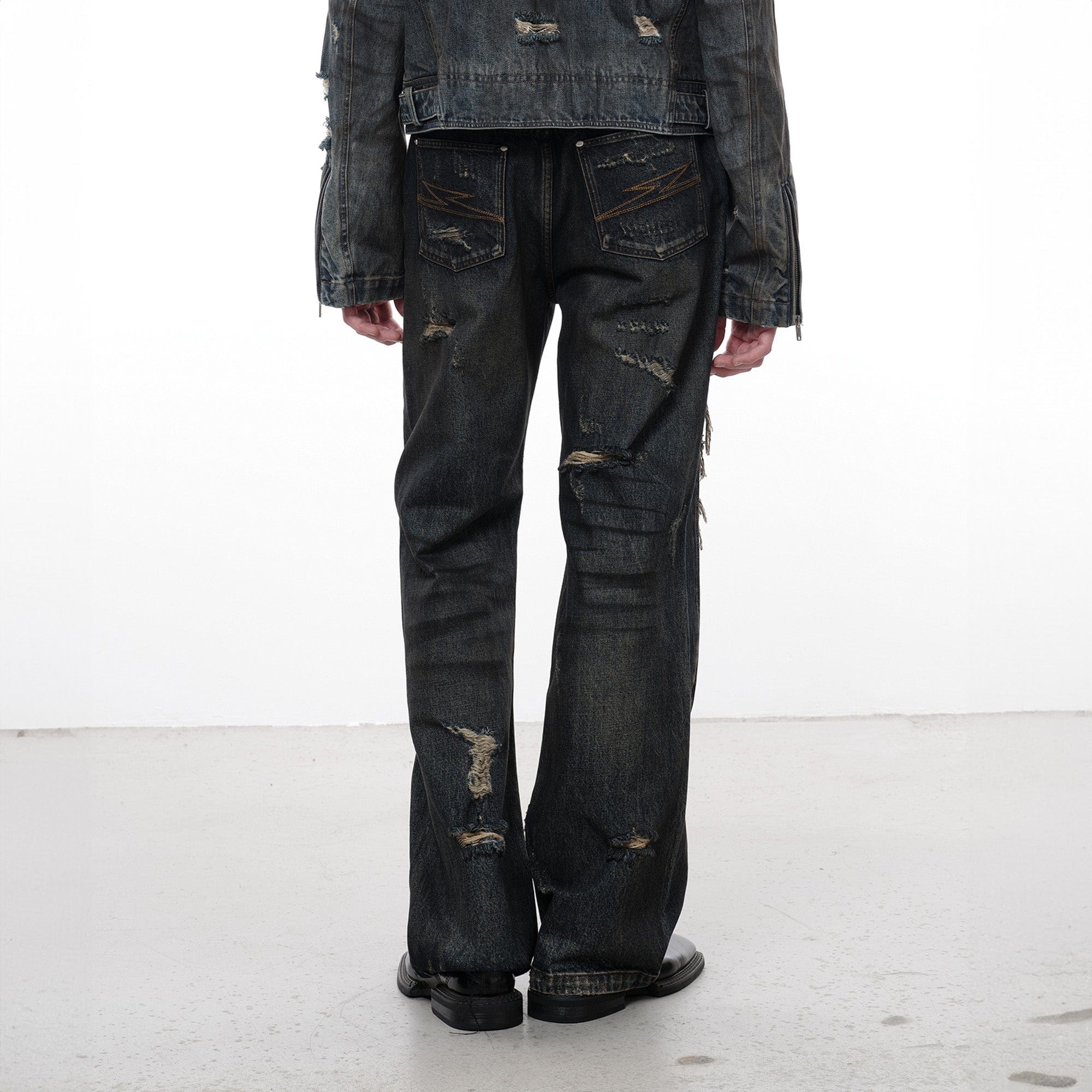 FACEONLAB Distressed Heavy Ripped Flared Jeans-Jeans-M-Free Shipping Leatheretro