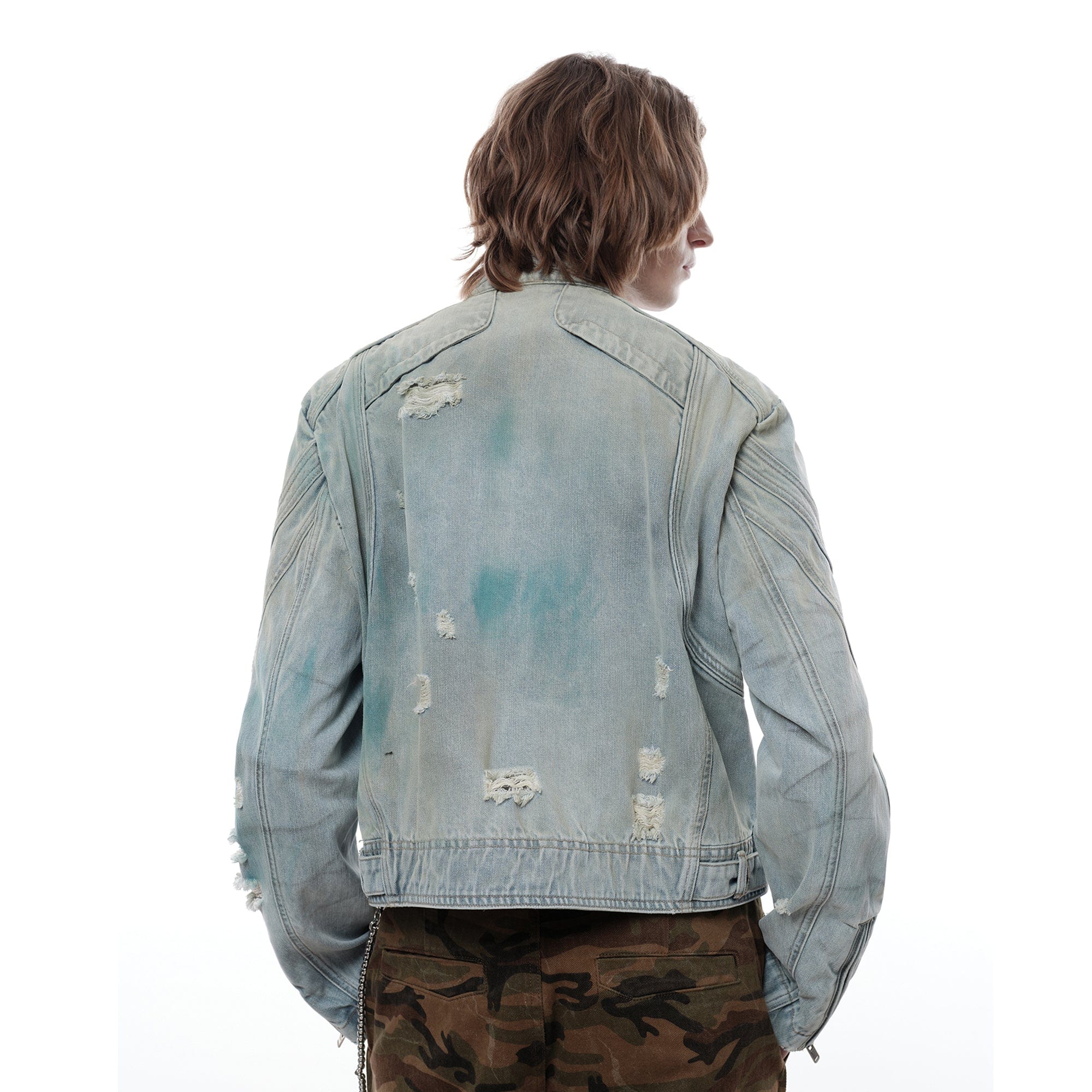 FACEONLAB Distressed Tie-Dye Ripped Biker Denim Jacket Blue-Jacket-M-Free Shipping Leatheretro