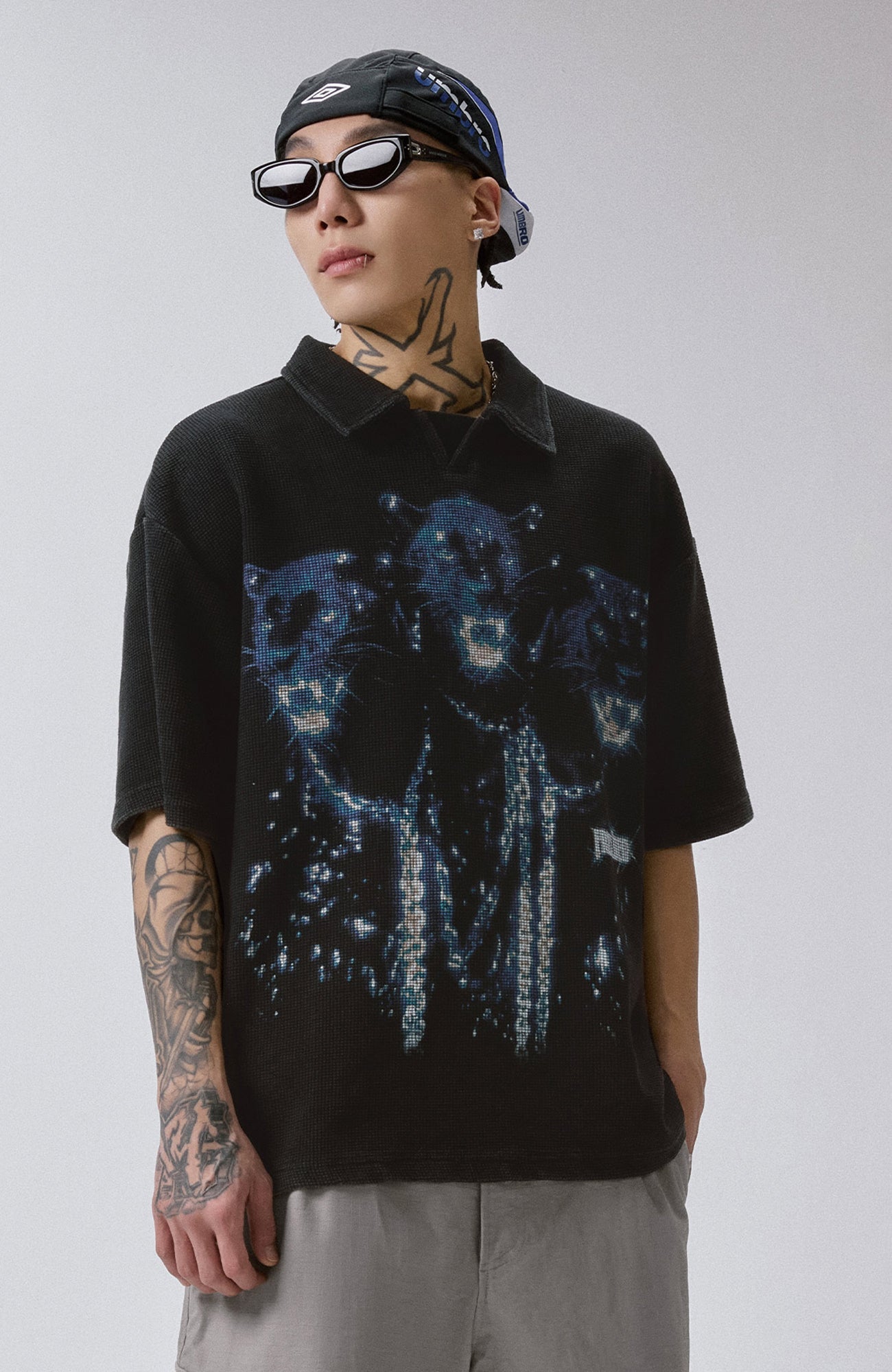 F2CE Distressed Waffle-Knit Graphic Polo-T Shirt-S-Free Shipping Leatheretro