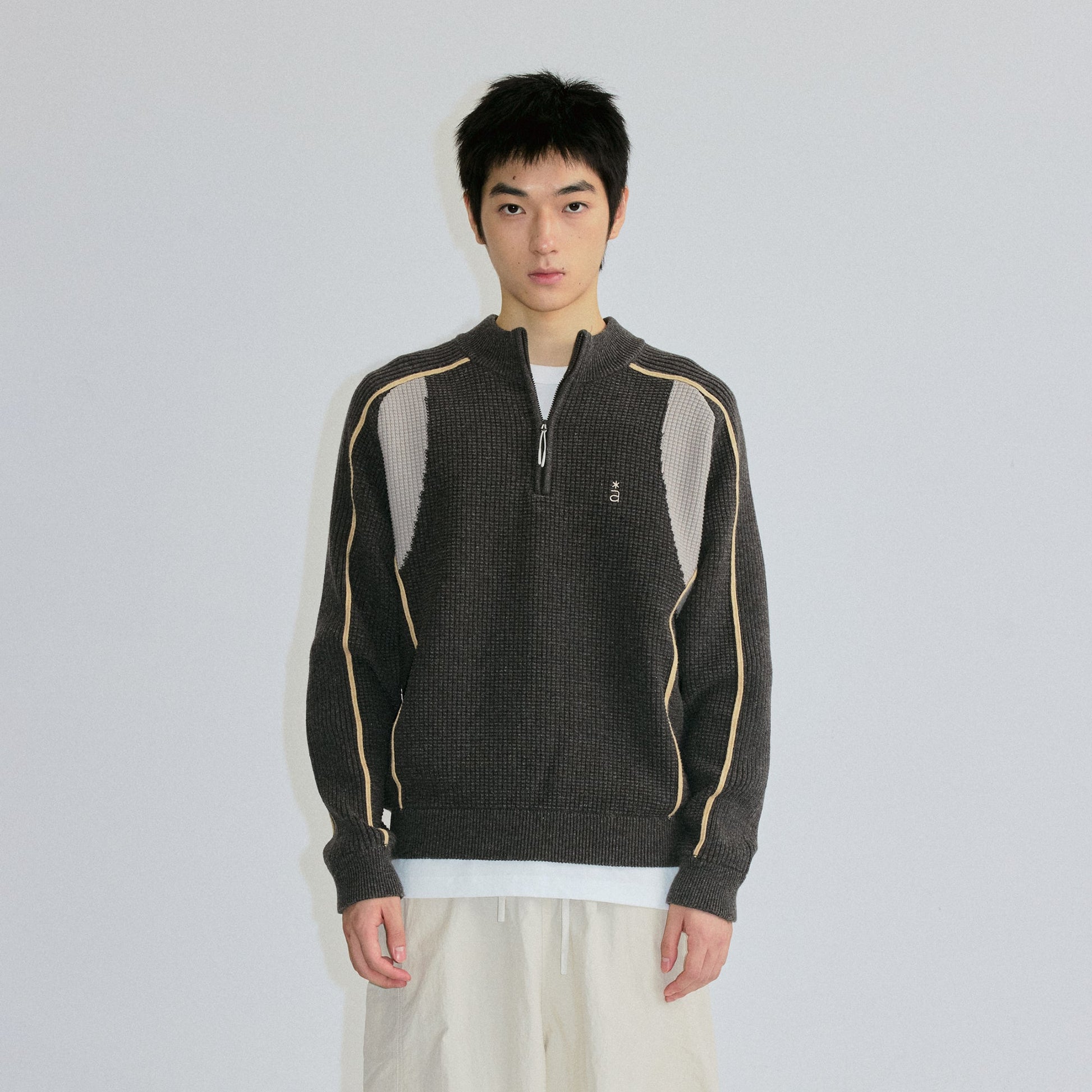 ROARINGWILD A ARCH Contrast Panel Raglan Half-Zip Sweater-Sweater-XS-Dark Gray-Free Shipping Leatheretro