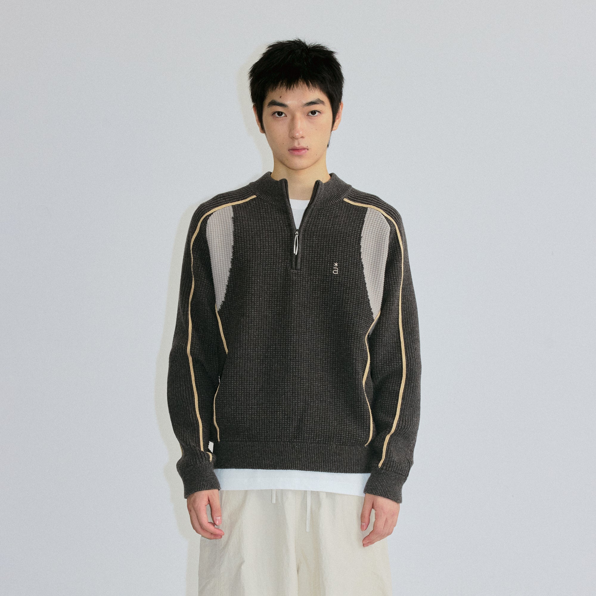 ROARINGWILD A ARCH Contrast Panel Raglan Half-Zip Sweater-Sweater-XS-Dark Gray-Free Shipping Leatheretro