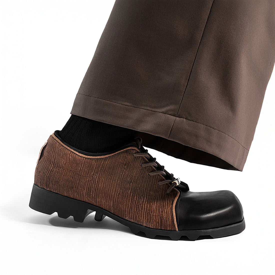 REWRITE Silk Panel Crinkled Square-Toe Derby Shoes-Shoes-39-Free Shipping Leatheretro