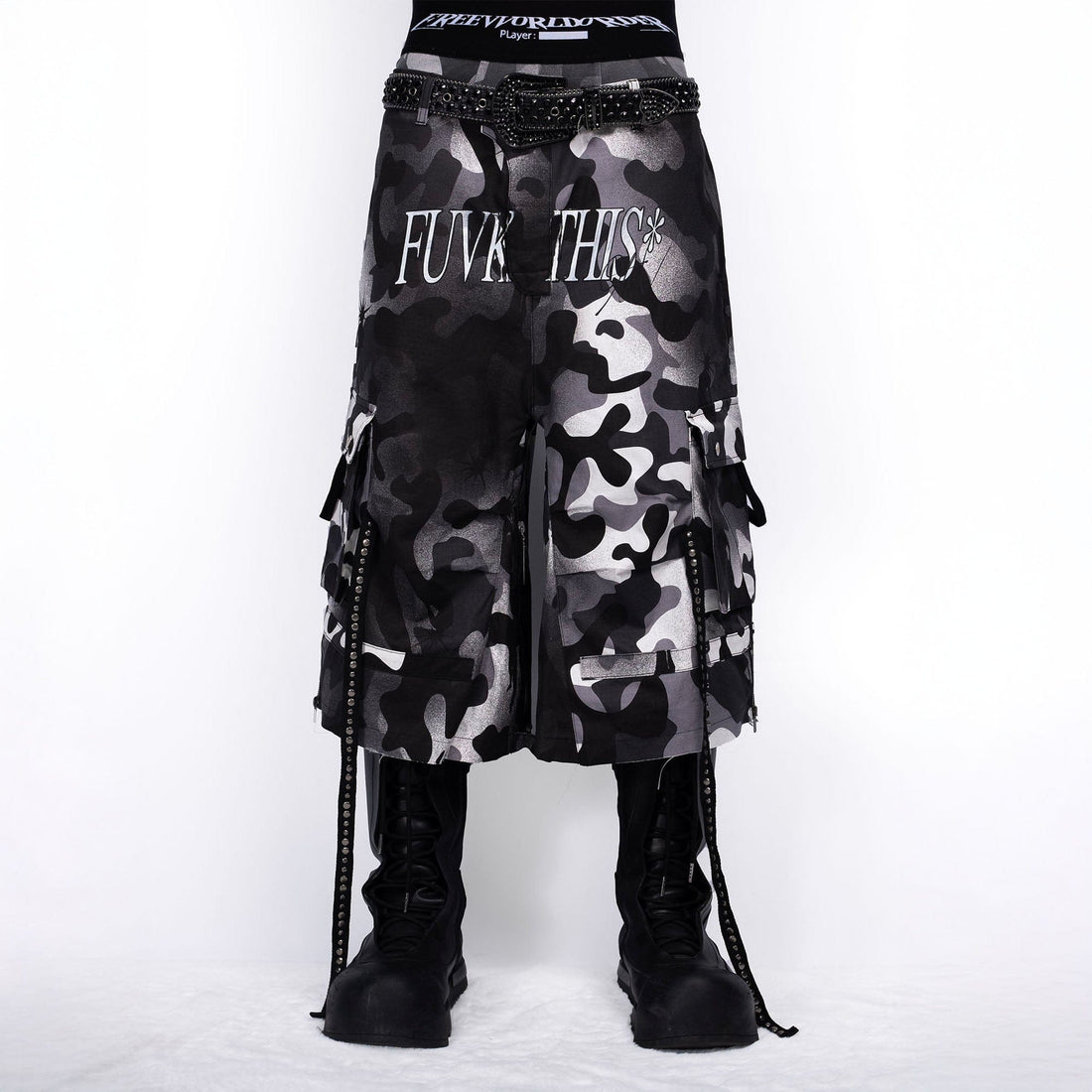 FVVO Distressed Rivet Strap Cargo Shorts Camo-Shorts-S-White-Free Shipping Leatheretro