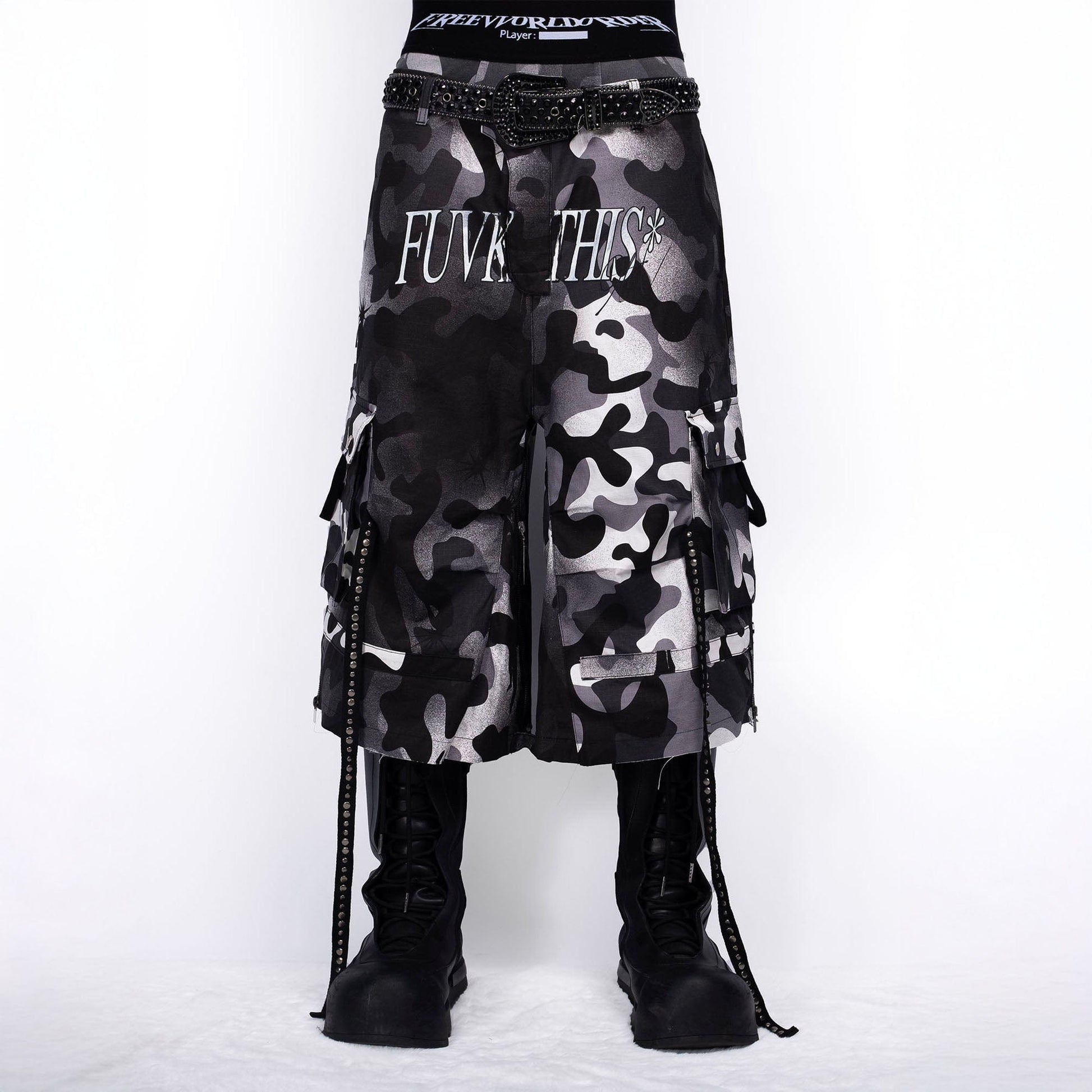 FVVO Distressed Rivet Strap Cargo Shorts Camo-Shorts-S-White-Free Shipping Leatheretro