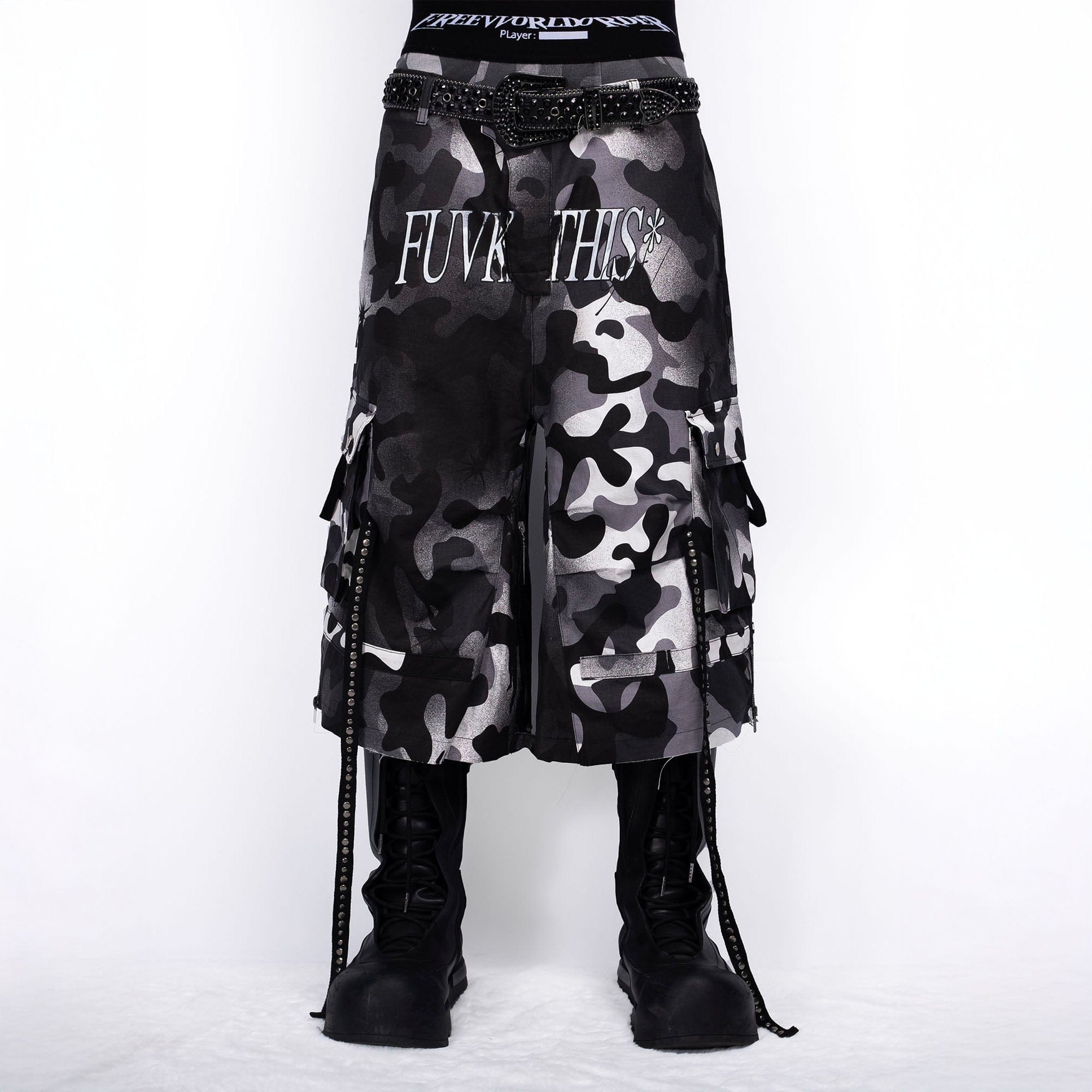 FVVO Distressed Rivet Strap Cargo Shorts Camo-Shorts-S-White-Free Shipping Leatheretro