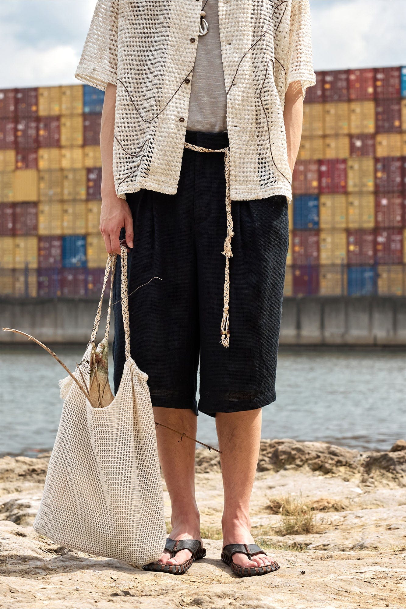 ALVNG AR ANTS Textured Mesh Pleated Braided Tassel Belt Shorts-Pants-S-Apricot-Free Shipping Leatheretro