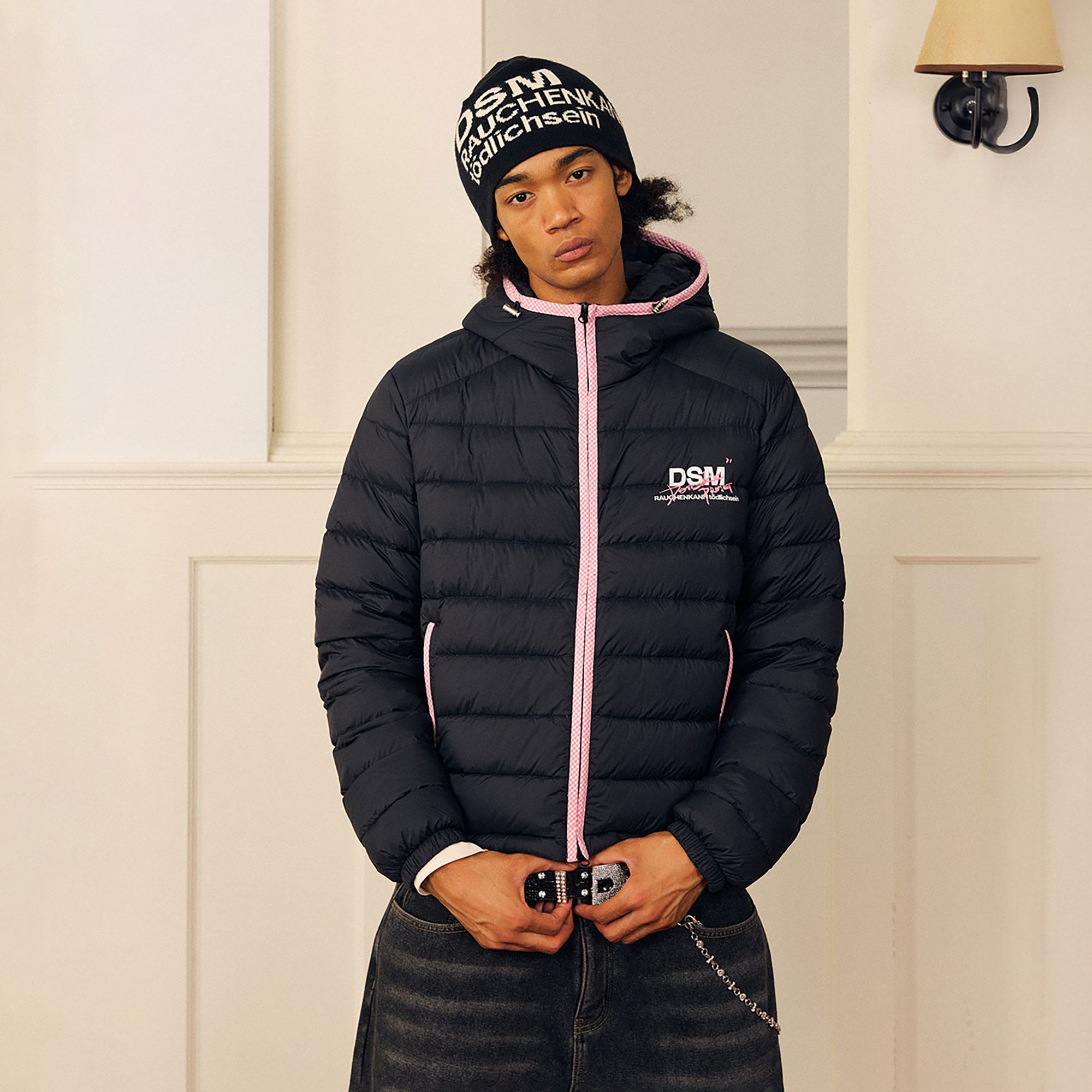 DONSMOKE Plaid Trim Hooded Down Puffer