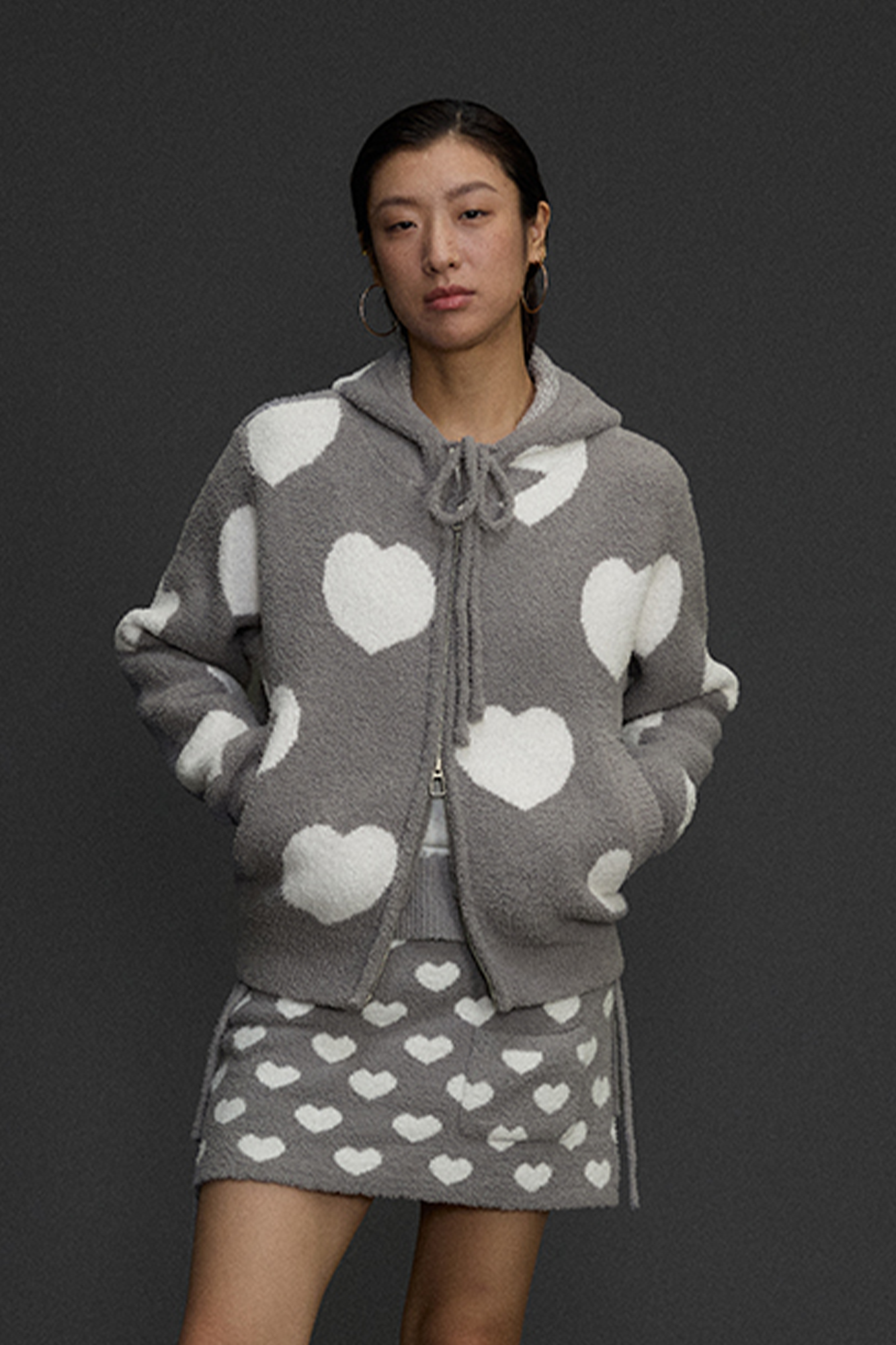 NIANJIUYIKOUER Fuzzy Heart Jacquard Zip-Up Hooded Cardigan-Jacket-XS-Free Shipping Leatheretro