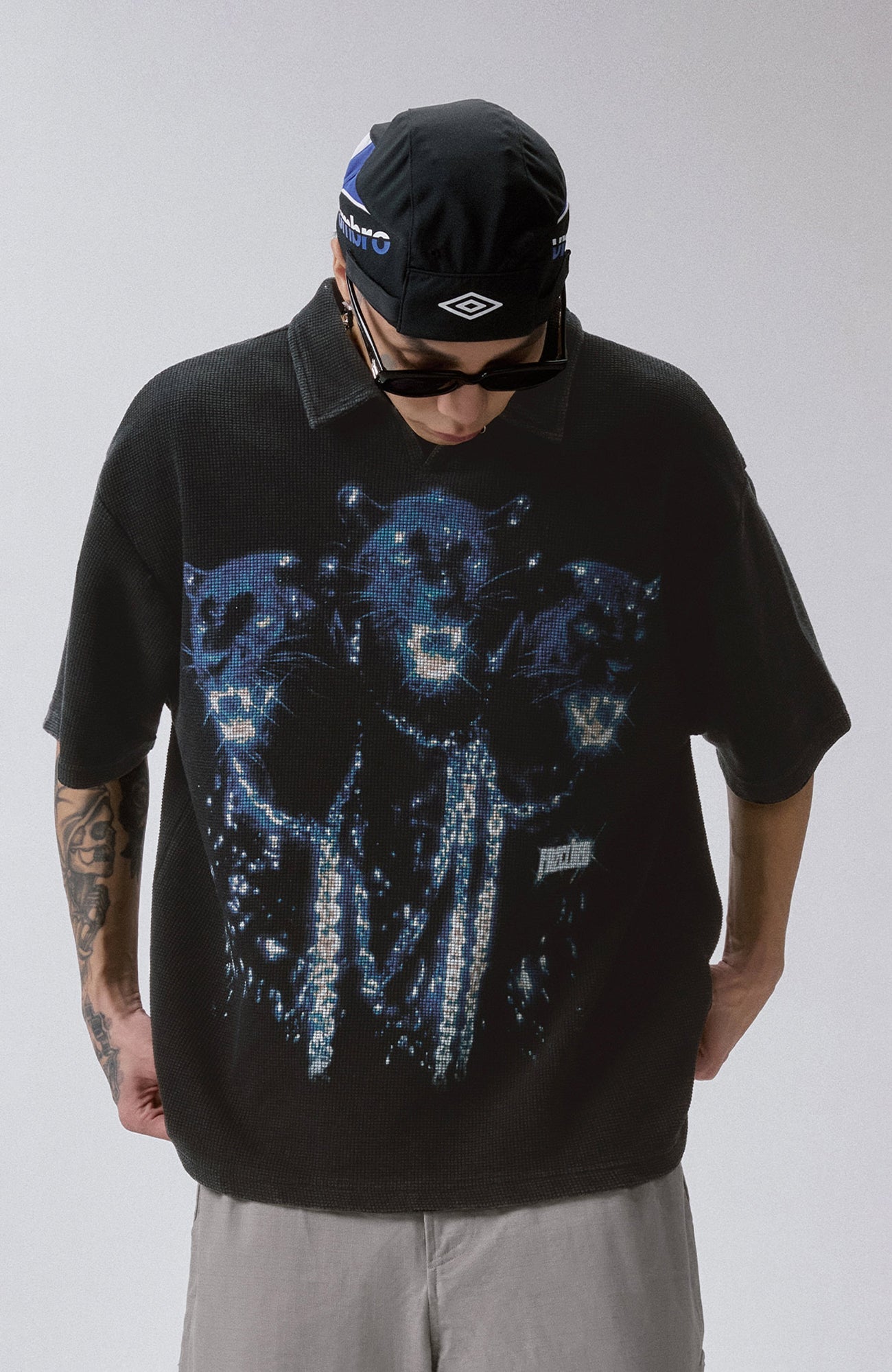 F2CE Distressed Waffle-Knit Graphic Polo-T Shirt-S-Free Shipping Leatheretro