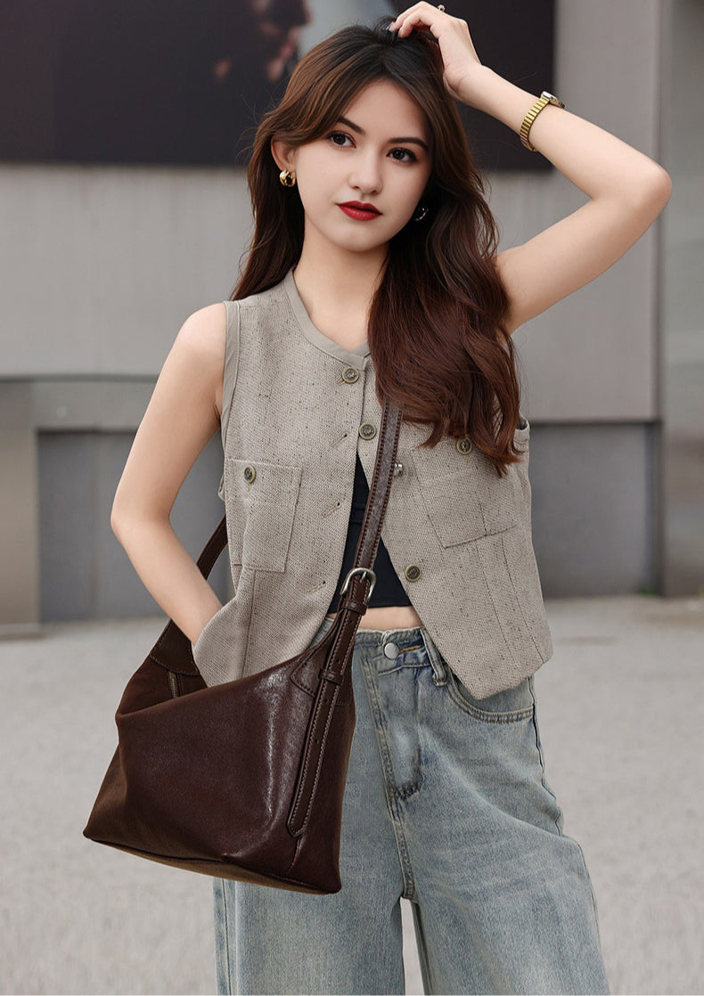 Classic Crossbody Hobo Bag – Genuine Top-Grain Vegetable-Tanned Leather-Shoulder Bags-Black (top layer vegetable tanned cowhide)-Free Shipping Leatheretro