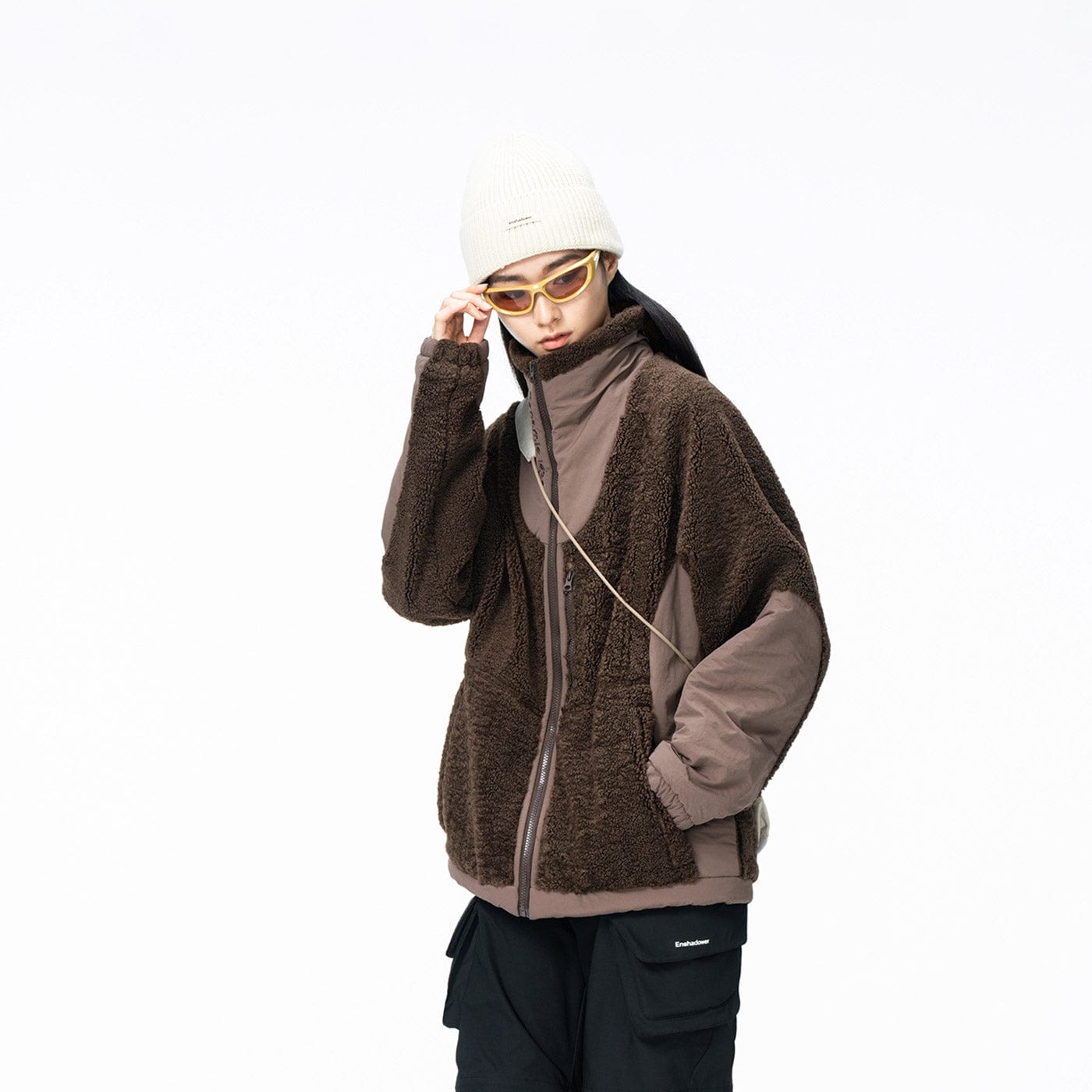 ENSHADOWER Spliced High-Collar Fleece Jacket-Jacket-S-Brown-Free Shipping Leatheretro