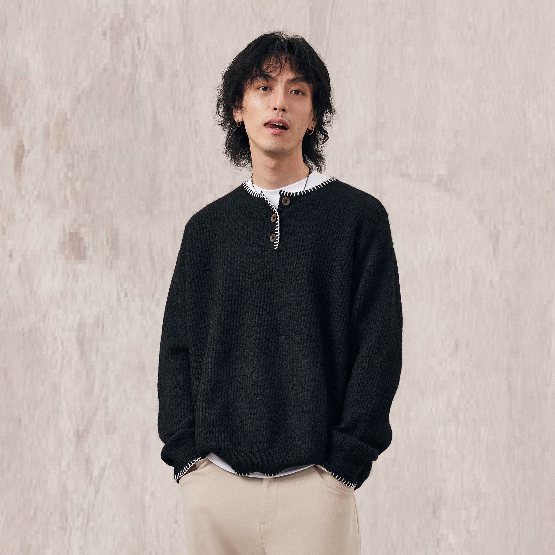 IN EXISTENCE Essential Ribbed Henley Sweater-Sweater-XS-Black-Free Shipping Leatheretro