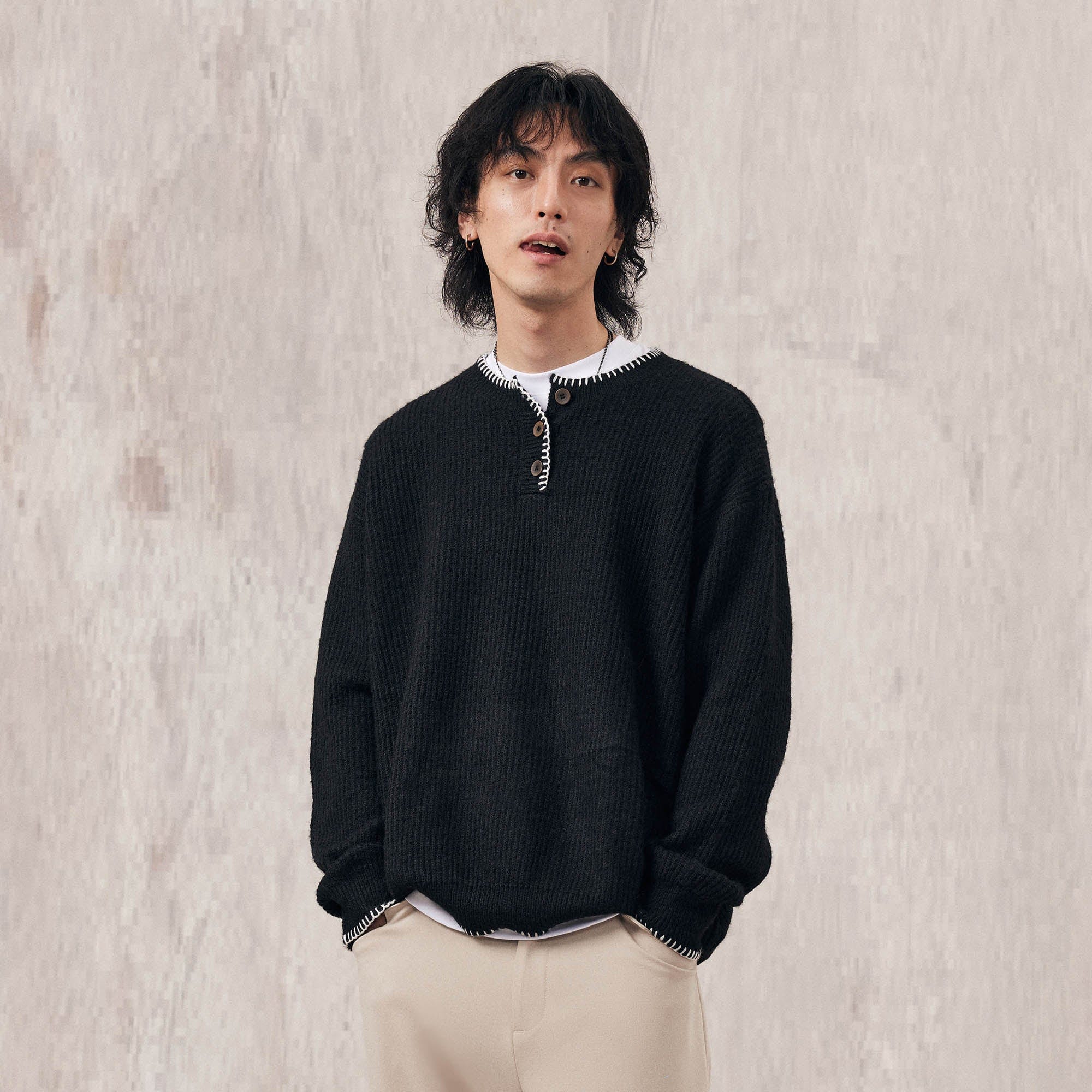 IN EXISTENCE Essential Ribbed Henley Sweater-Sweater-XS-Black-Free Shipping Leatheretro