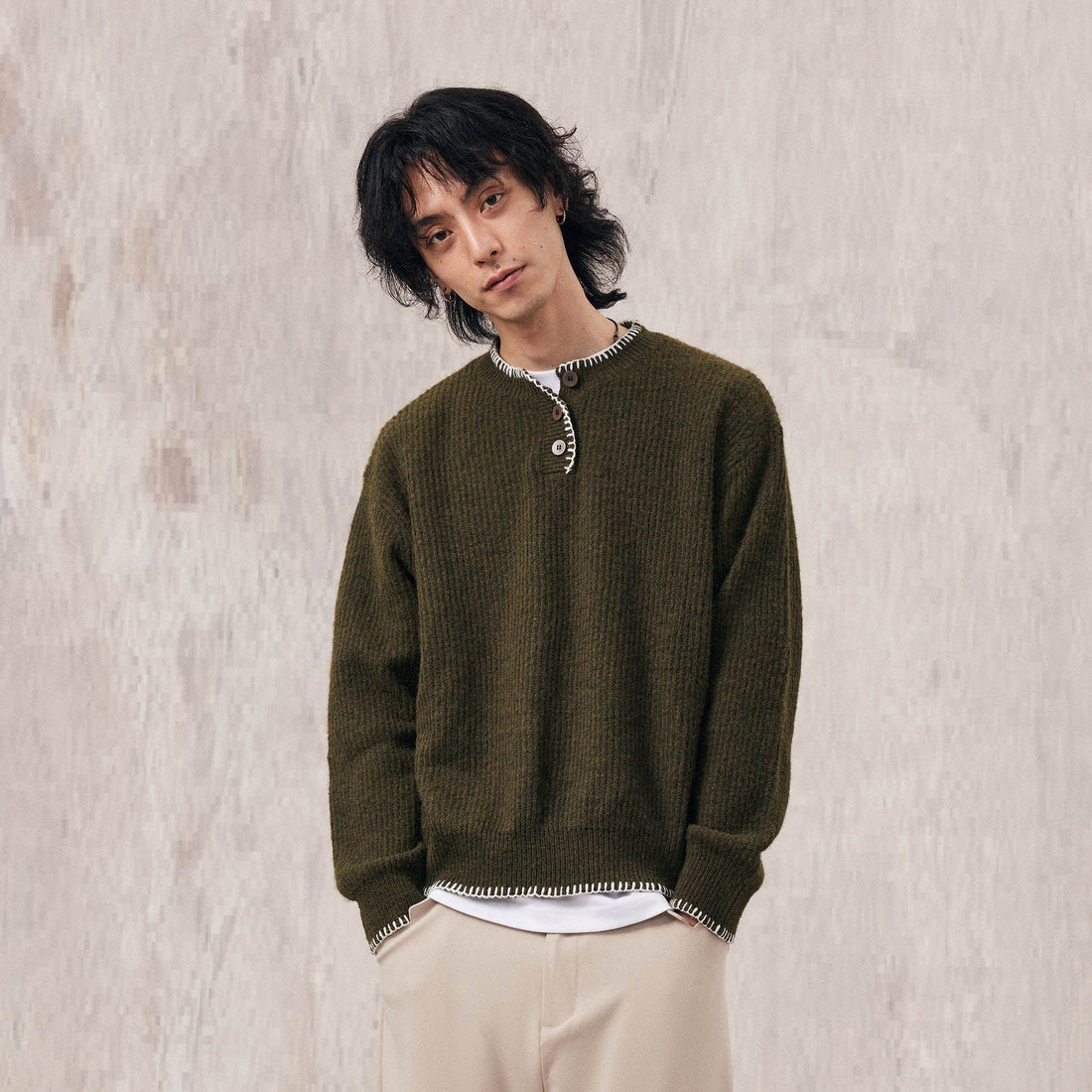 IN EXISTENCE Essential Ribbed Henley Sweater-Sweater-XS-Green-Free Shipping Leatheretro