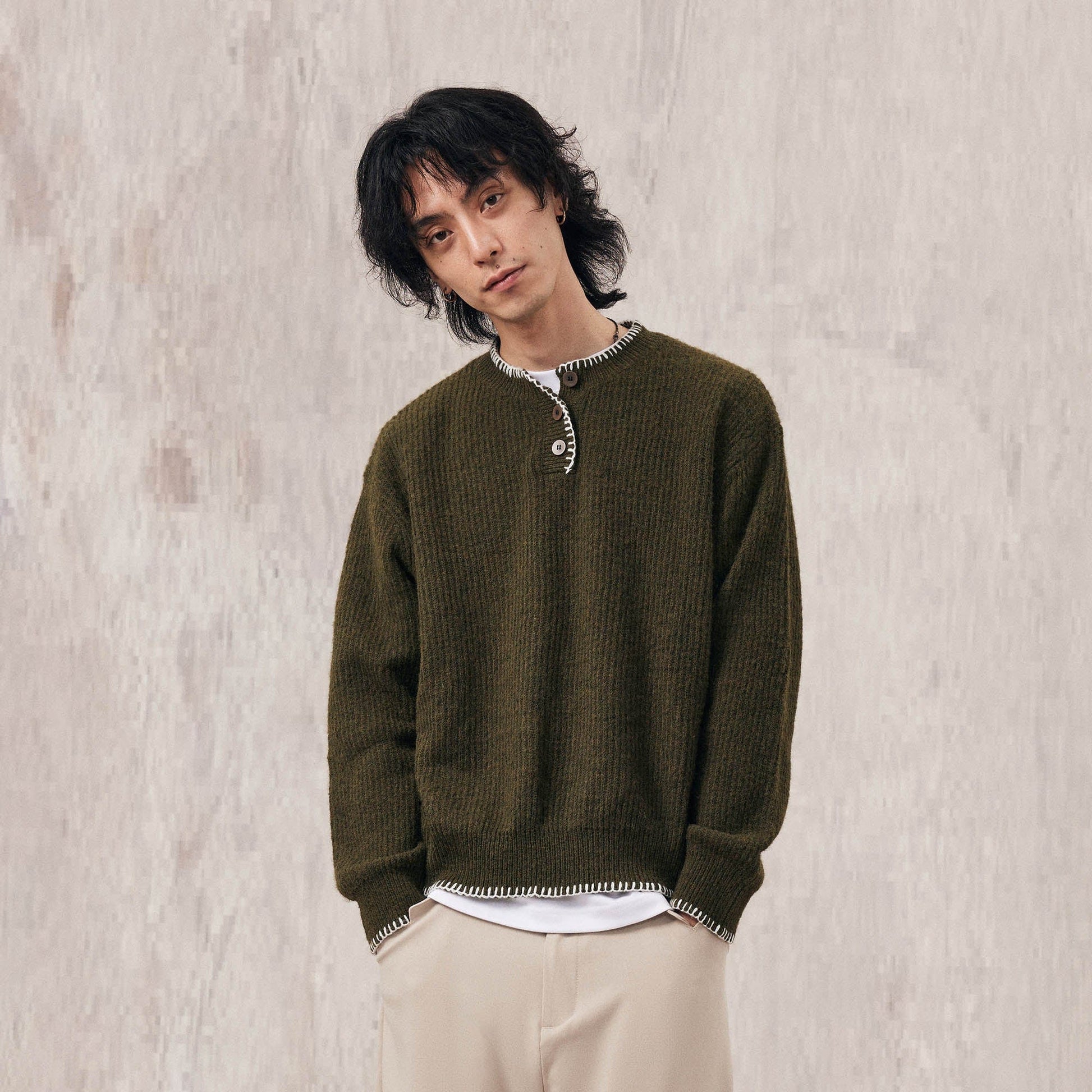 IN EXISTENCE Essential Ribbed Henley Sweater-Sweater-XS-Green-Free Shipping Leatheretro