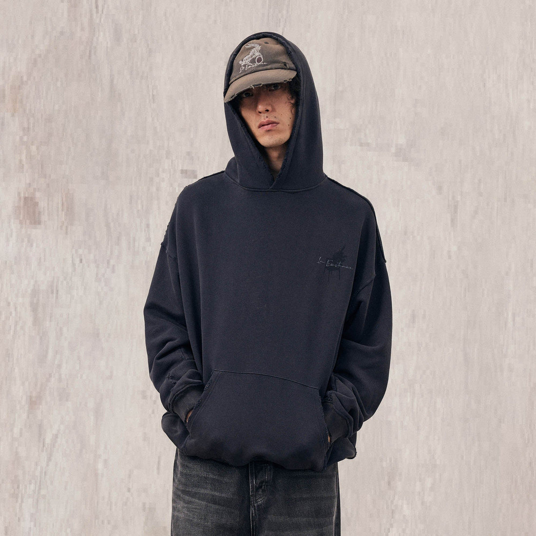 IN EXISTENCE Washed Frayed Graphic Hoodie-Hoodie-S-Gray-Free Shipping Leatheretro