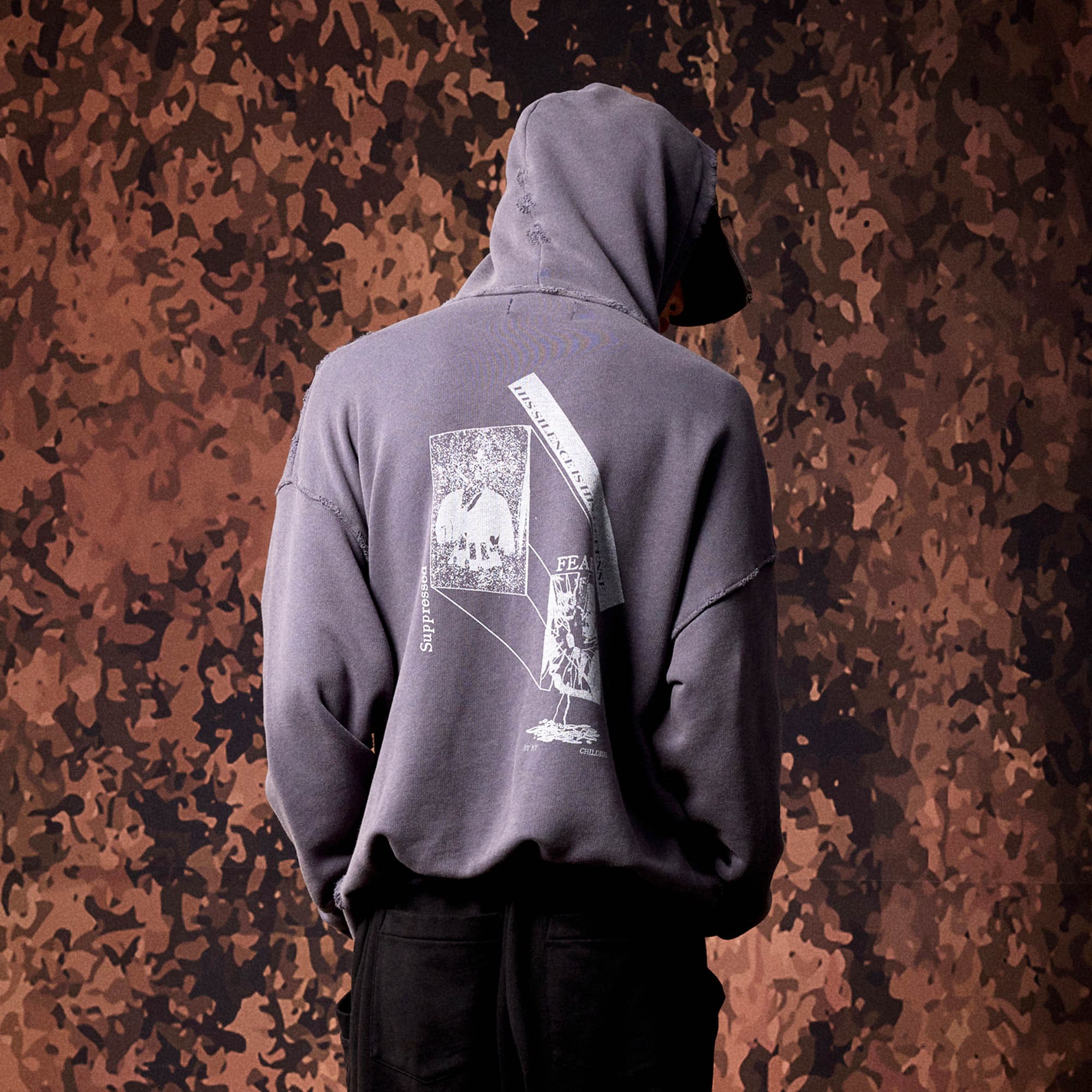 IN EXISTENCE Washed Frayed Graphic Hoodie-Hoodie-S-Gray-Free Shipping Leatheretro