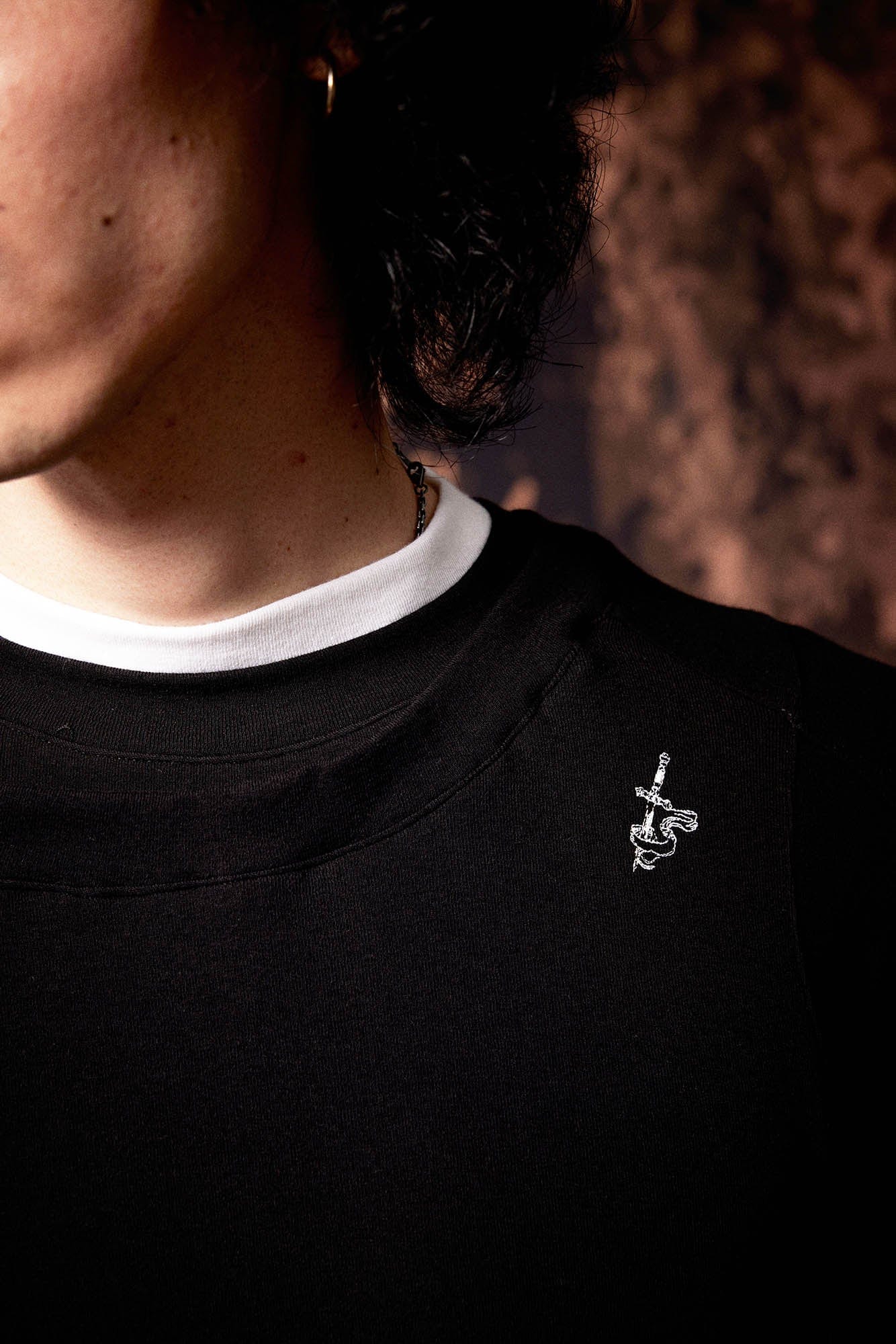 IN EXISTENCE Layered Asymmetrical Neck Embroidered Long-Sleeve Tee-L/S Tee-S-Black-Free Shipping Leatheretro